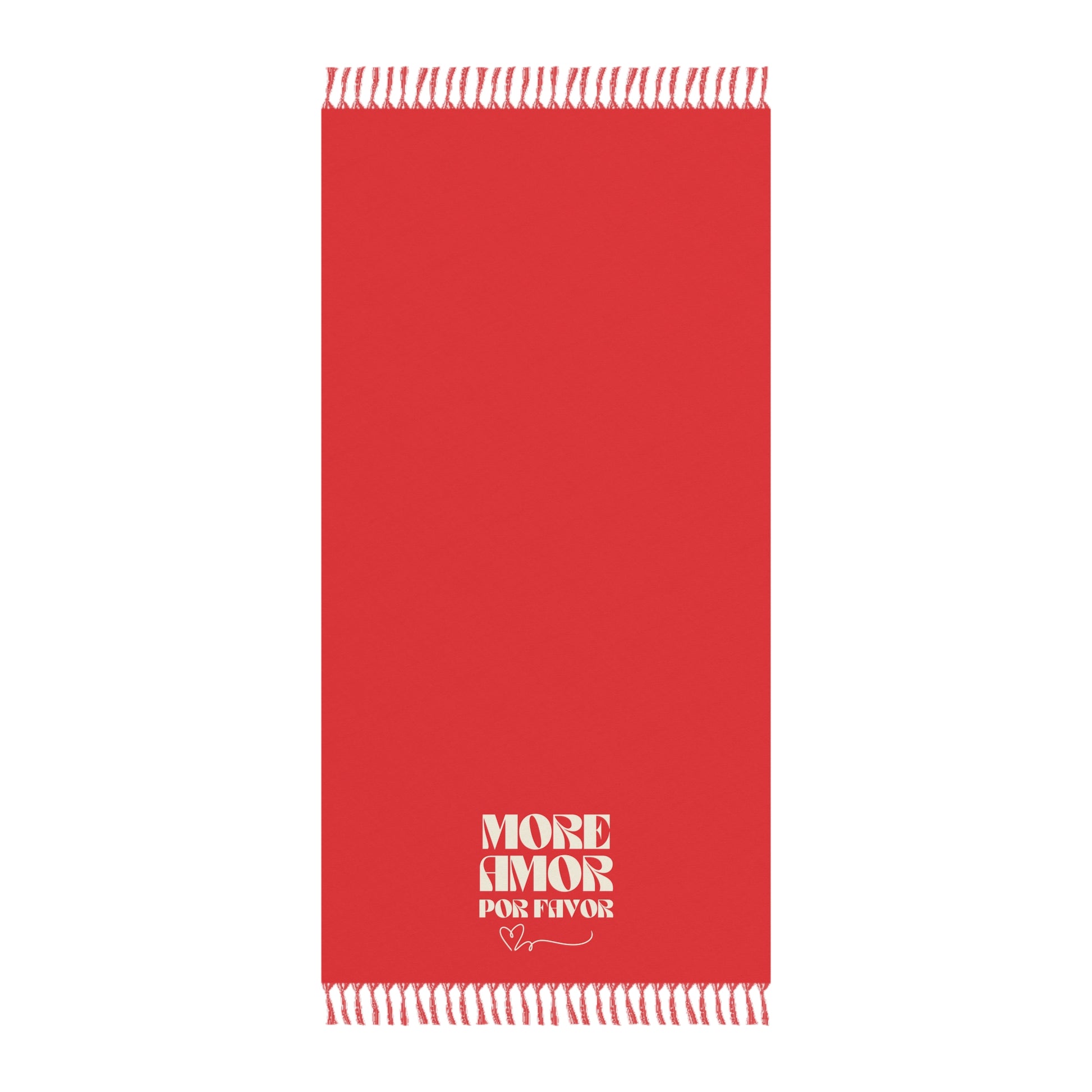 Red towel with white fringe and 'More Amor Por Favor' text on a white background