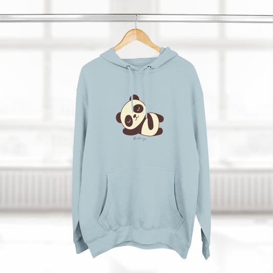 Light blue hoodie with a panda design on a hanger against a white wall.