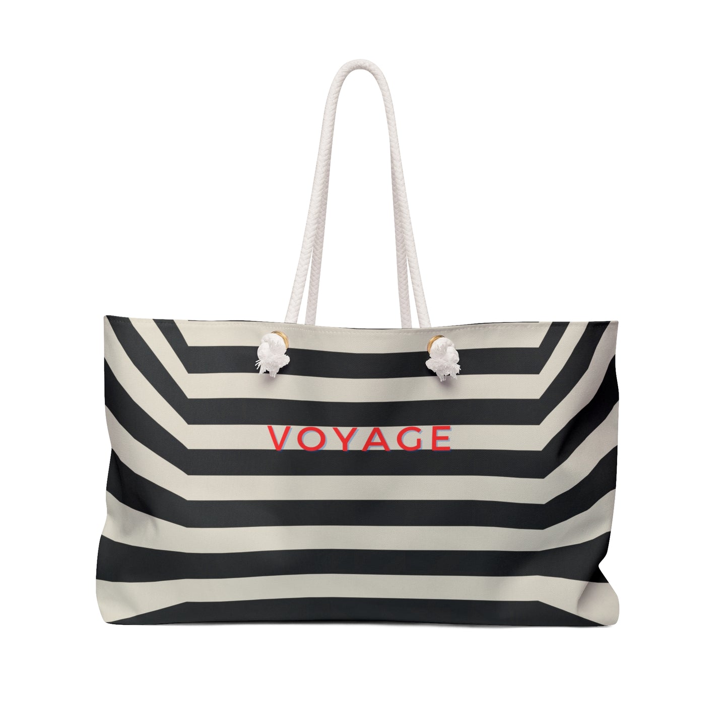 Black and white striped tote bag with 'VOYAGE' text on a white background