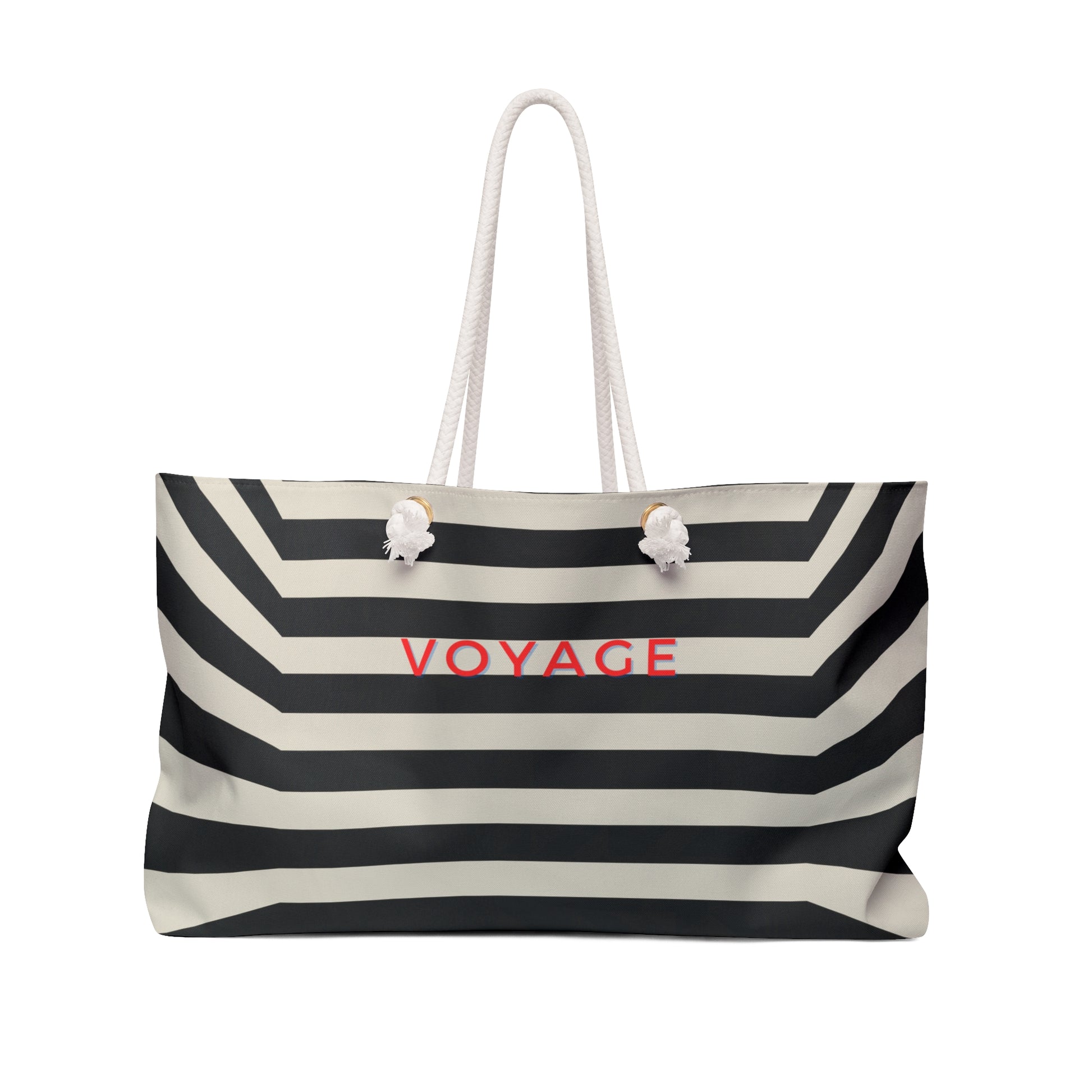 Black and white striped tote bag with 'VOYAGE' text on a white background