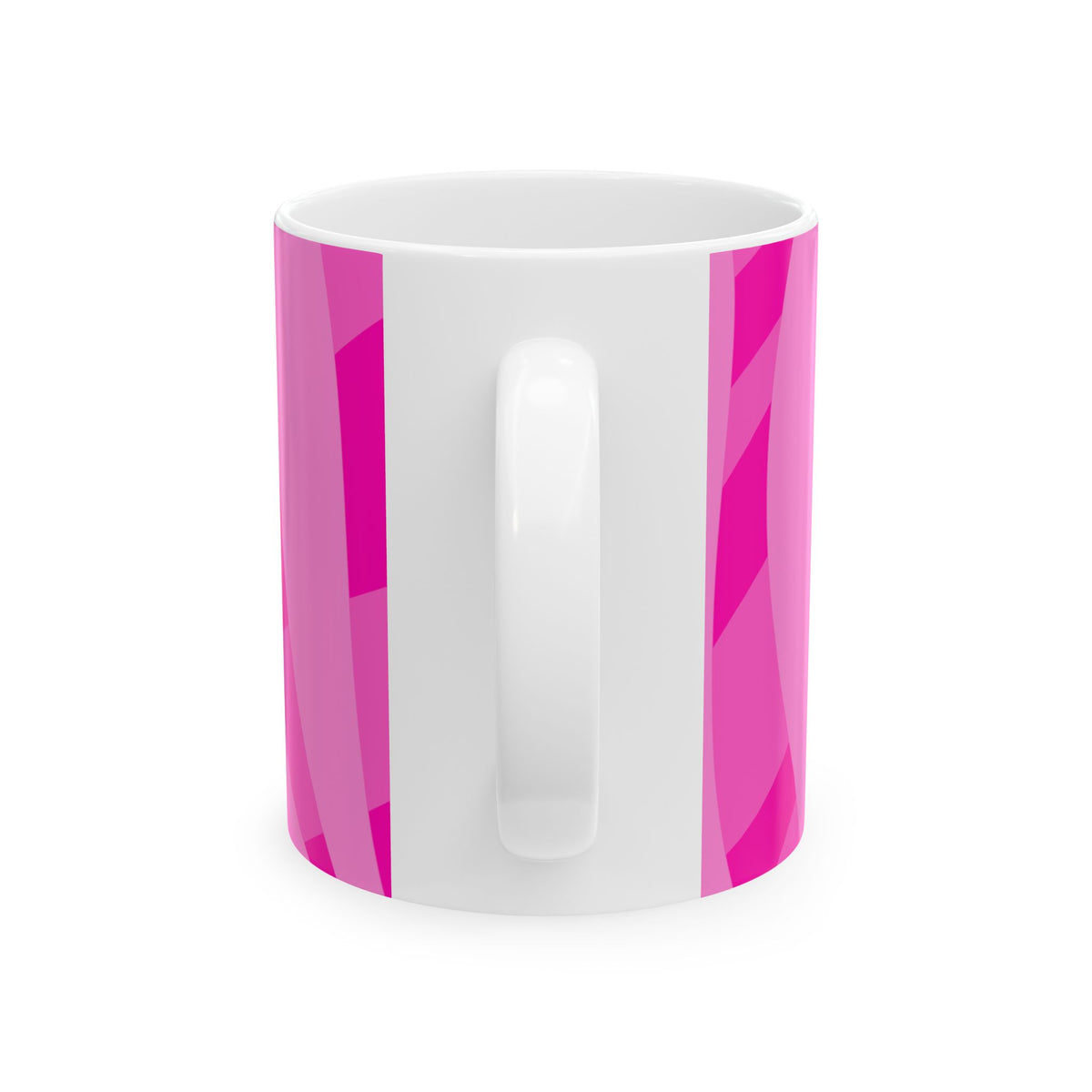 A white ceramic mug with a handle, decorated with two vertical pink geometric stripe patterns on either side, shown against a plain white background.