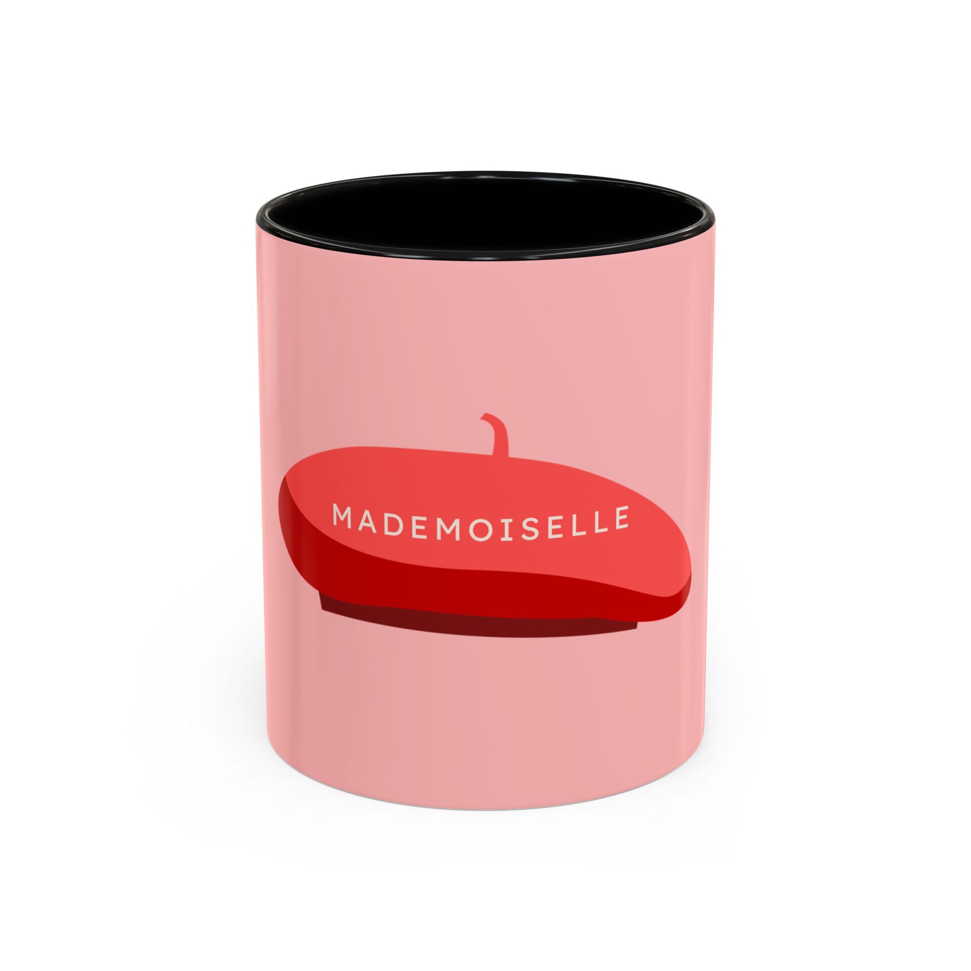 Pink mug with a red beret graphic and 'MADEMOISELLE' text on a white background