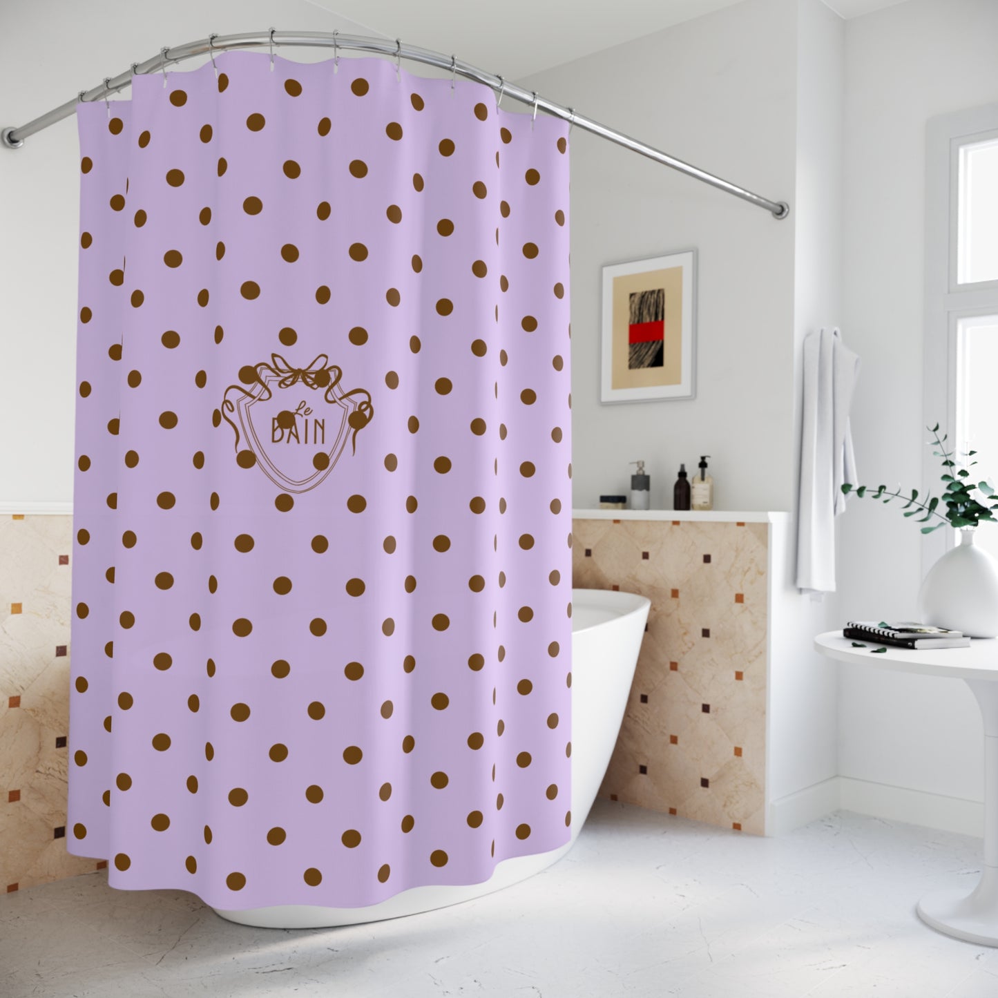 Purple shower curtain with gold polka dots in a bathroom setting