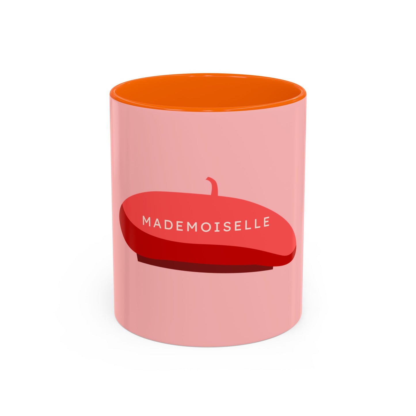 Pink candle with a red lid featuring 'Mademoiselle' text on a white background