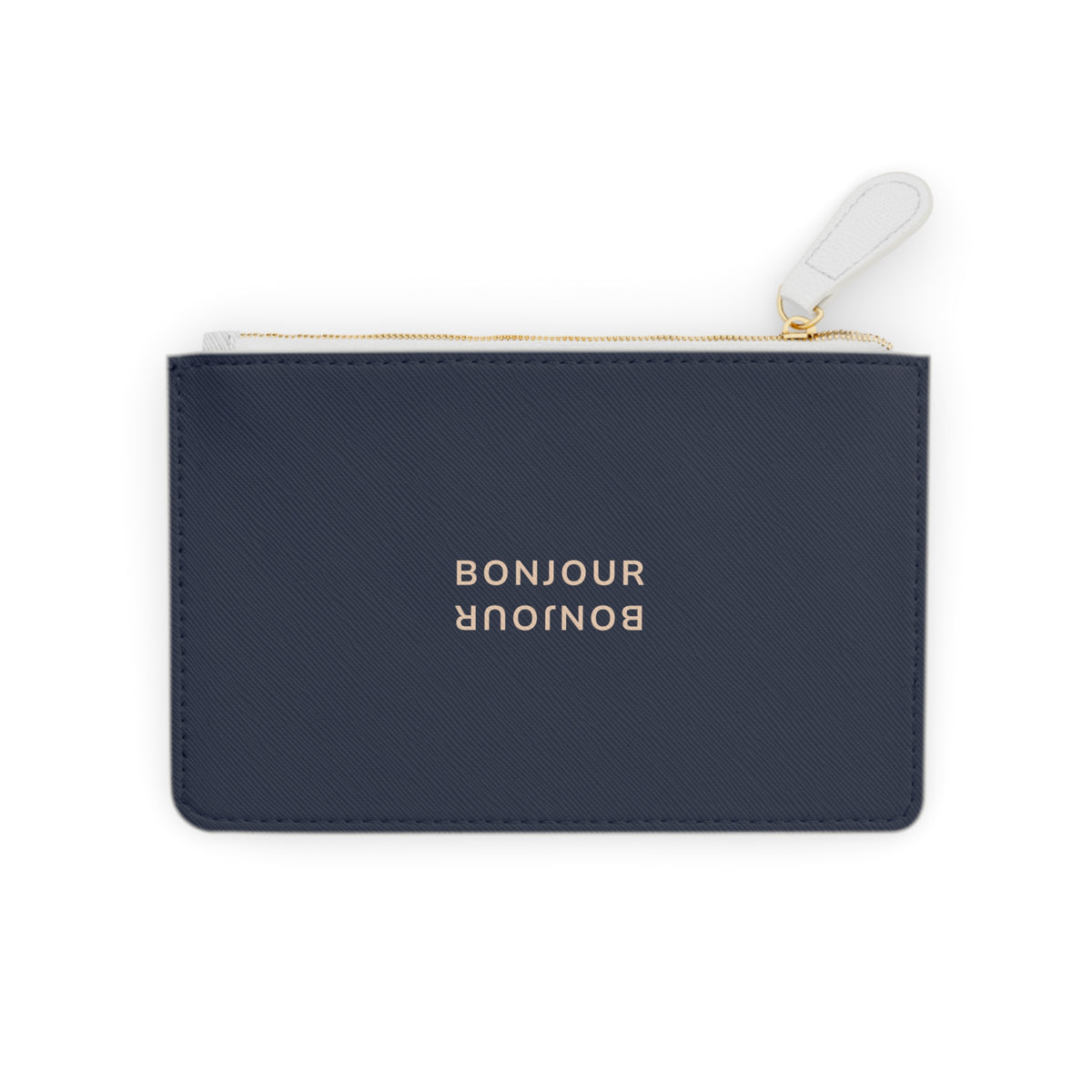 A navy blue textured leather pouch with gold lettering that reads 'BONJOUR' upside down on the front, featuring a gold zipper and a white pull tab, set against a plain white background.