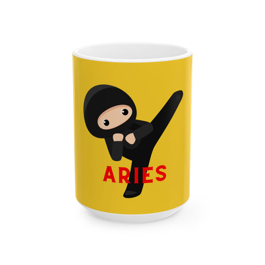 Yellow mug with a cartoon character and 'ARIES' text on a white background