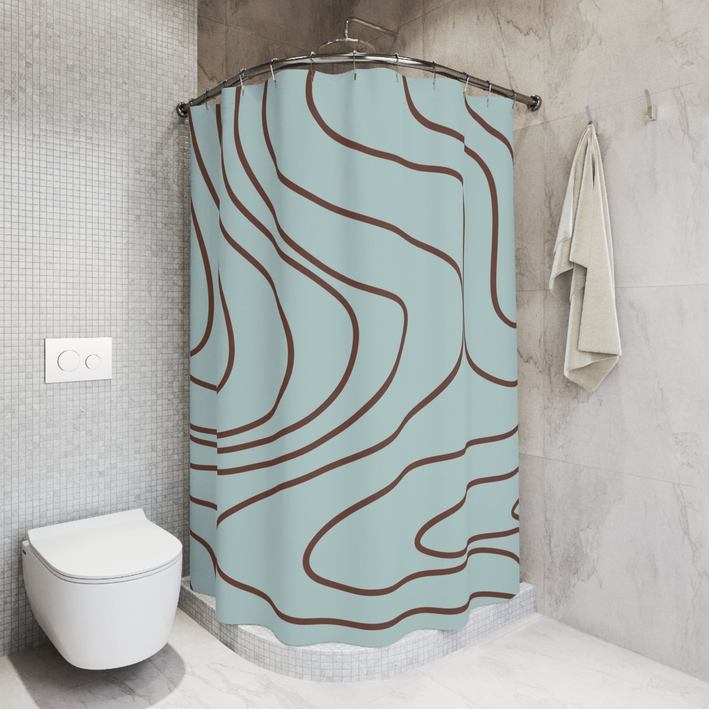 Light Blue/Brown Abstract Wave Shower Curtain, Modern Bathroom Decor