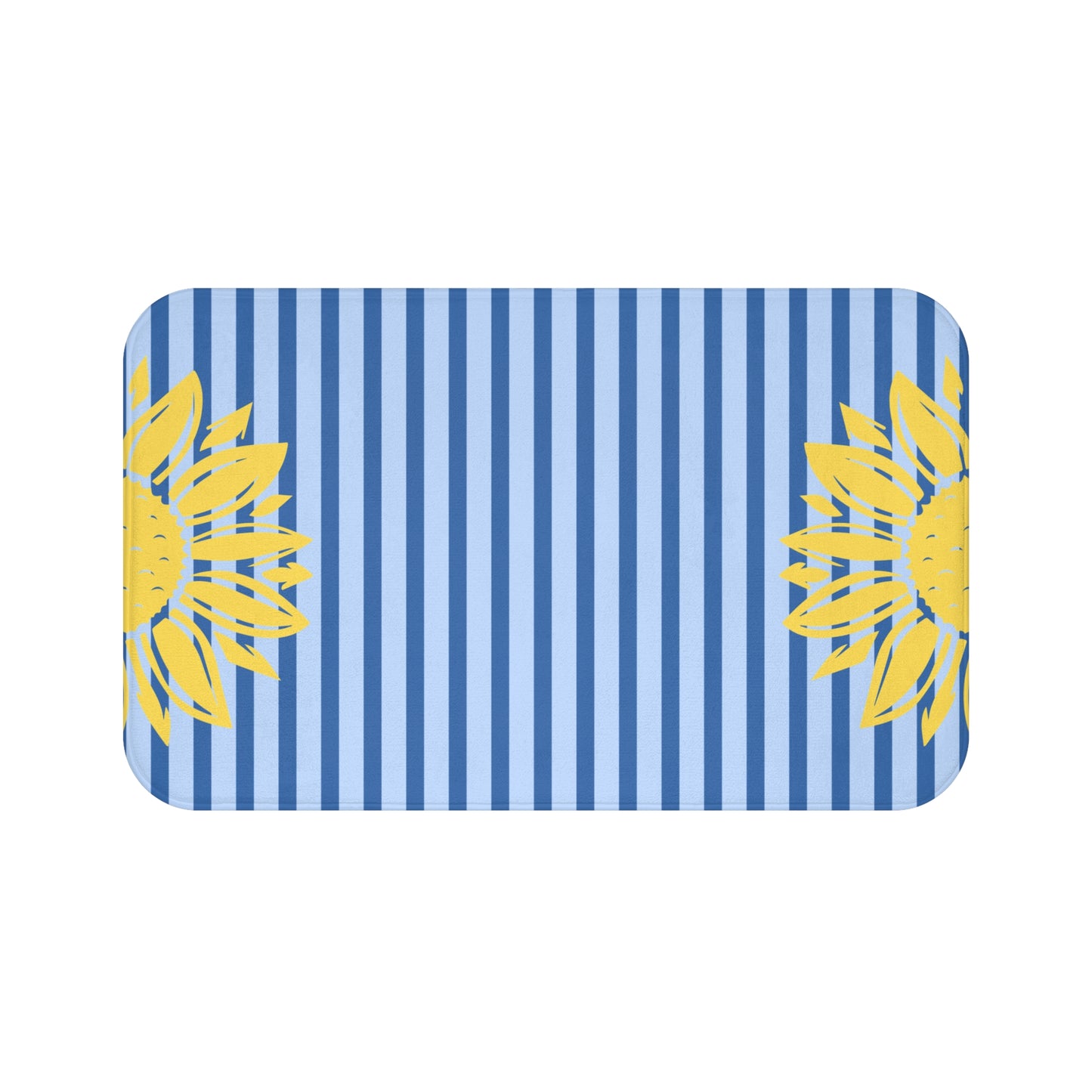 A rectangular mat with rounded corners featuring a blue and white vertical stripe pattern and yellow sunflower graphics on the left and right sides, shown on a plain white background.