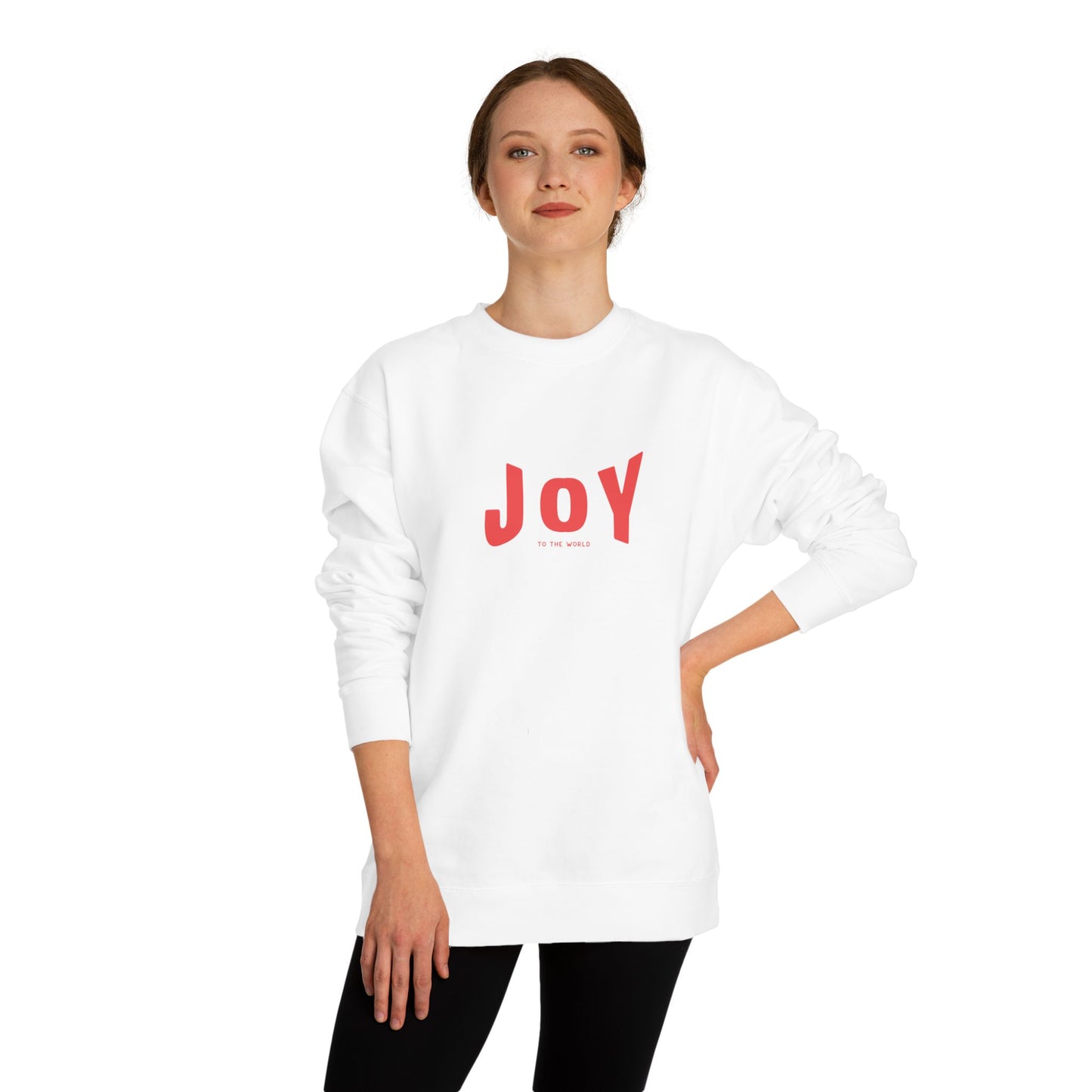 Person wearing a white sweatshirt with 'JOY' printed in red on a white background