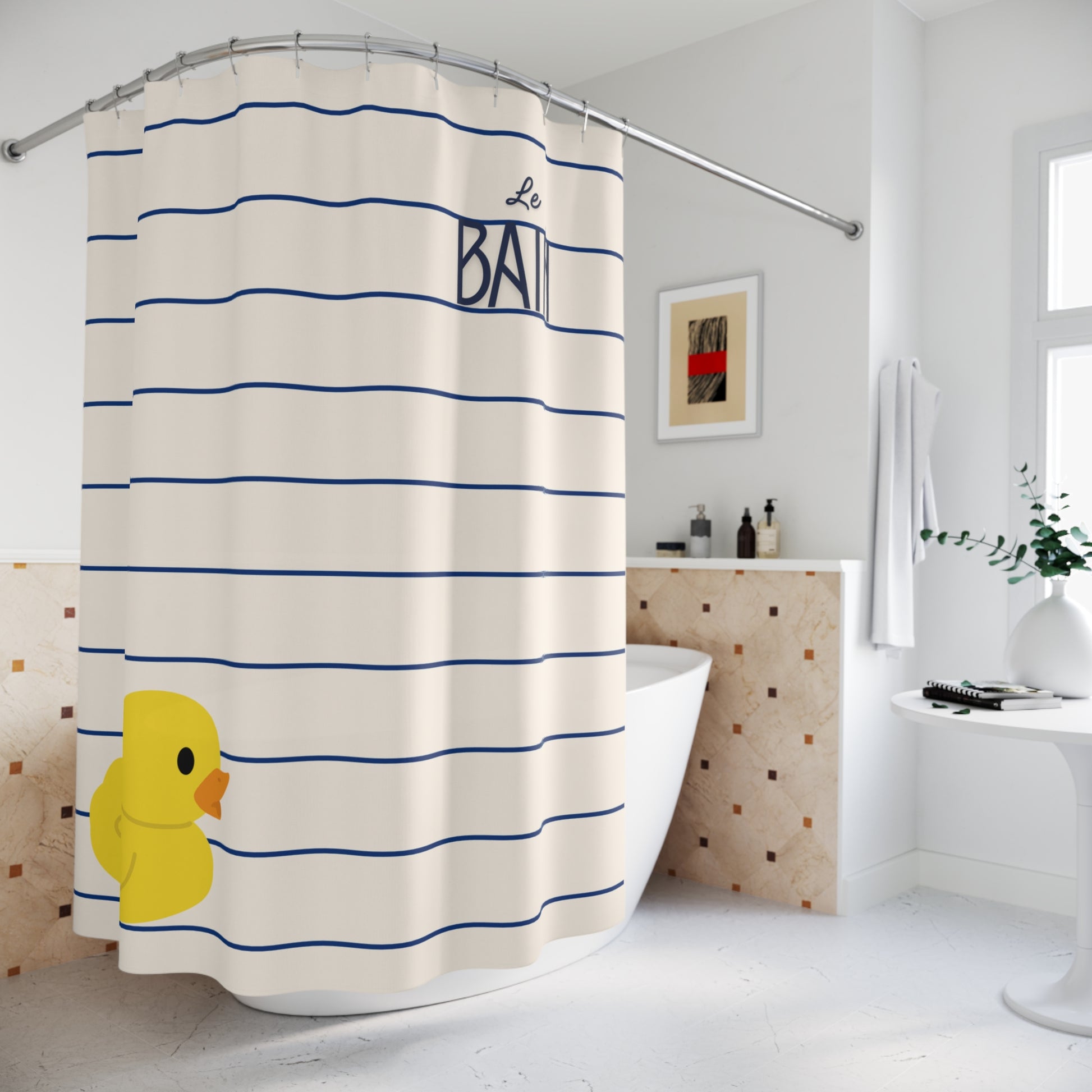 Shower curtain with blue stripes and a yellow rubber duck in a bathroom setting