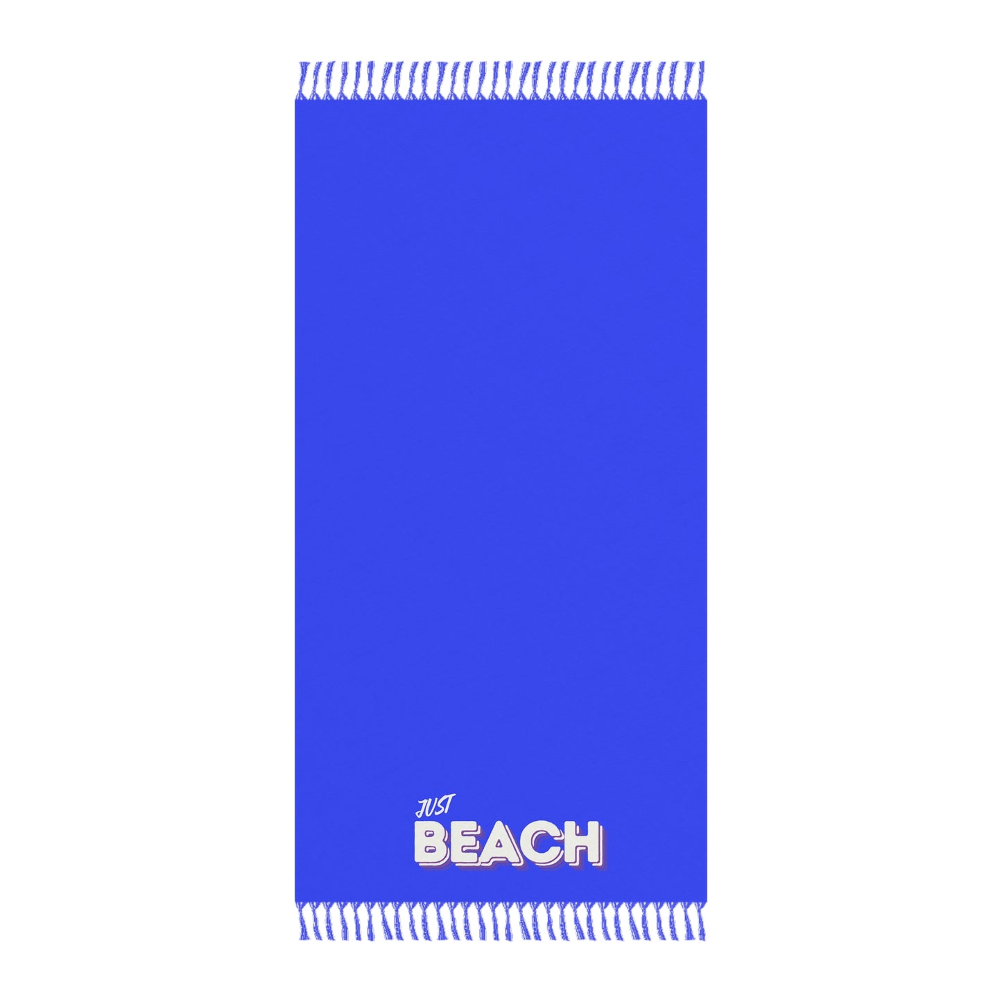 Blue beach towel with white text on a white background