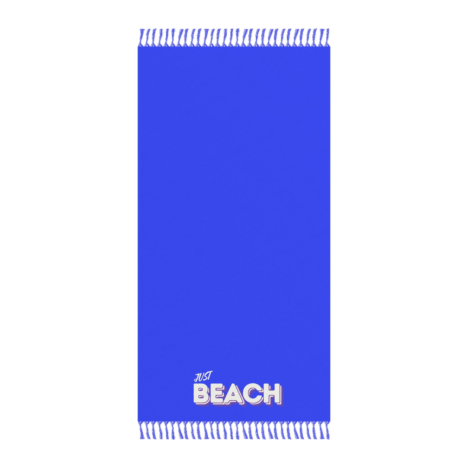 Blue beach towel with white text on a white background