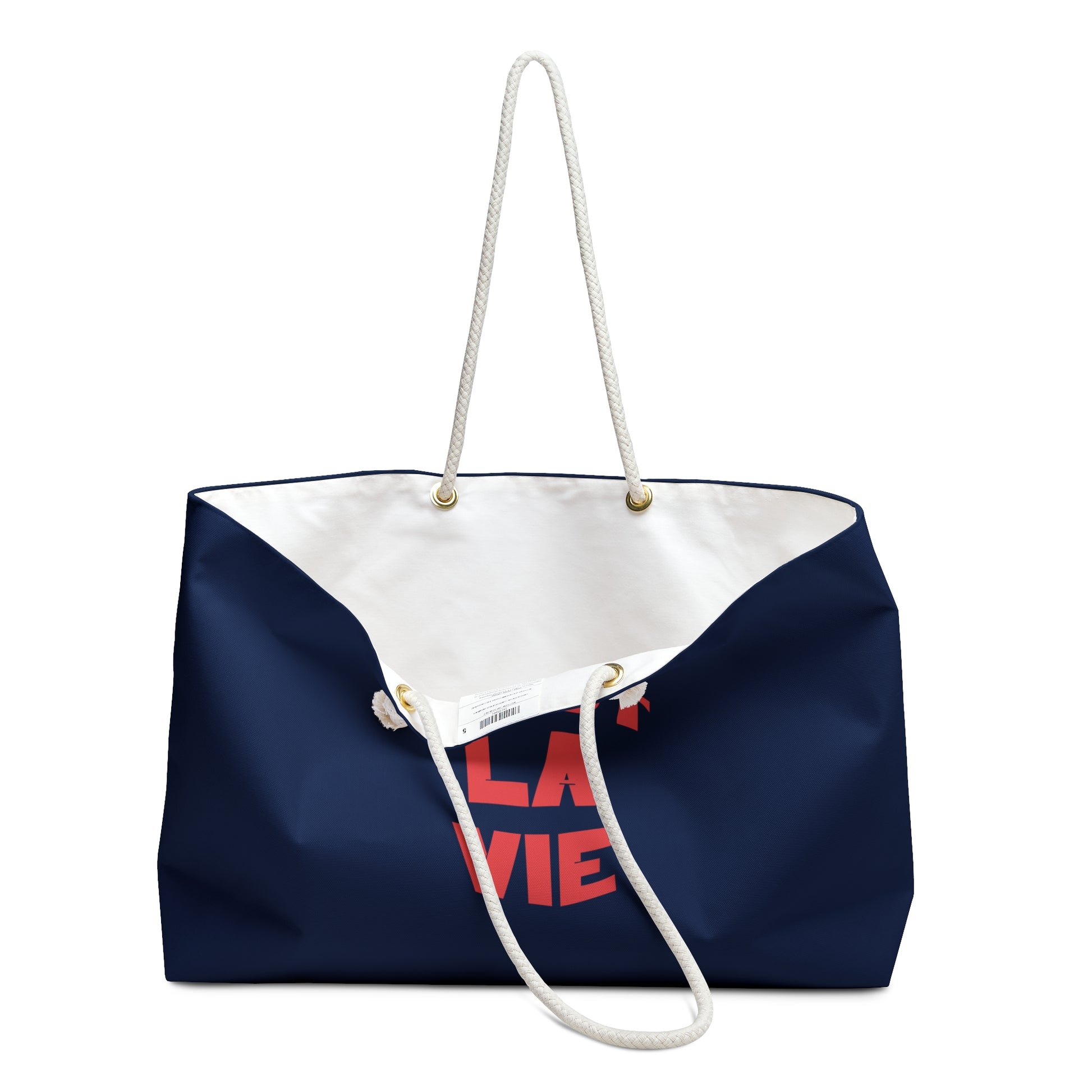Navy blue tote bag with white interior and red text on a white background