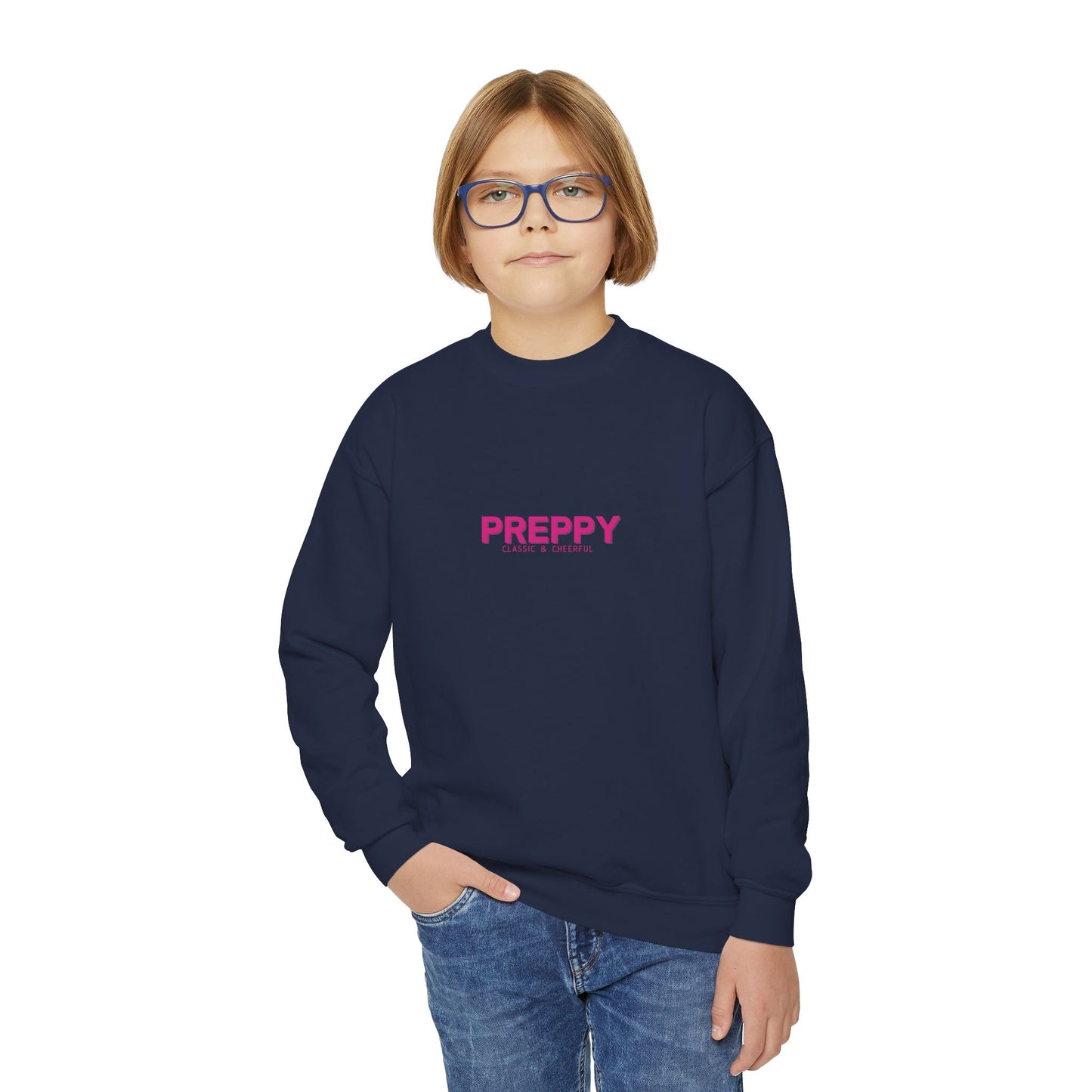 Child wearing a navy sweatshirt with 'PREPPY' in pink text on a white background