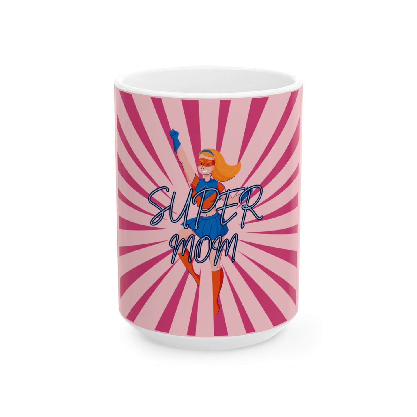 Mug with 'Super Mom' design on a pink and white striped background