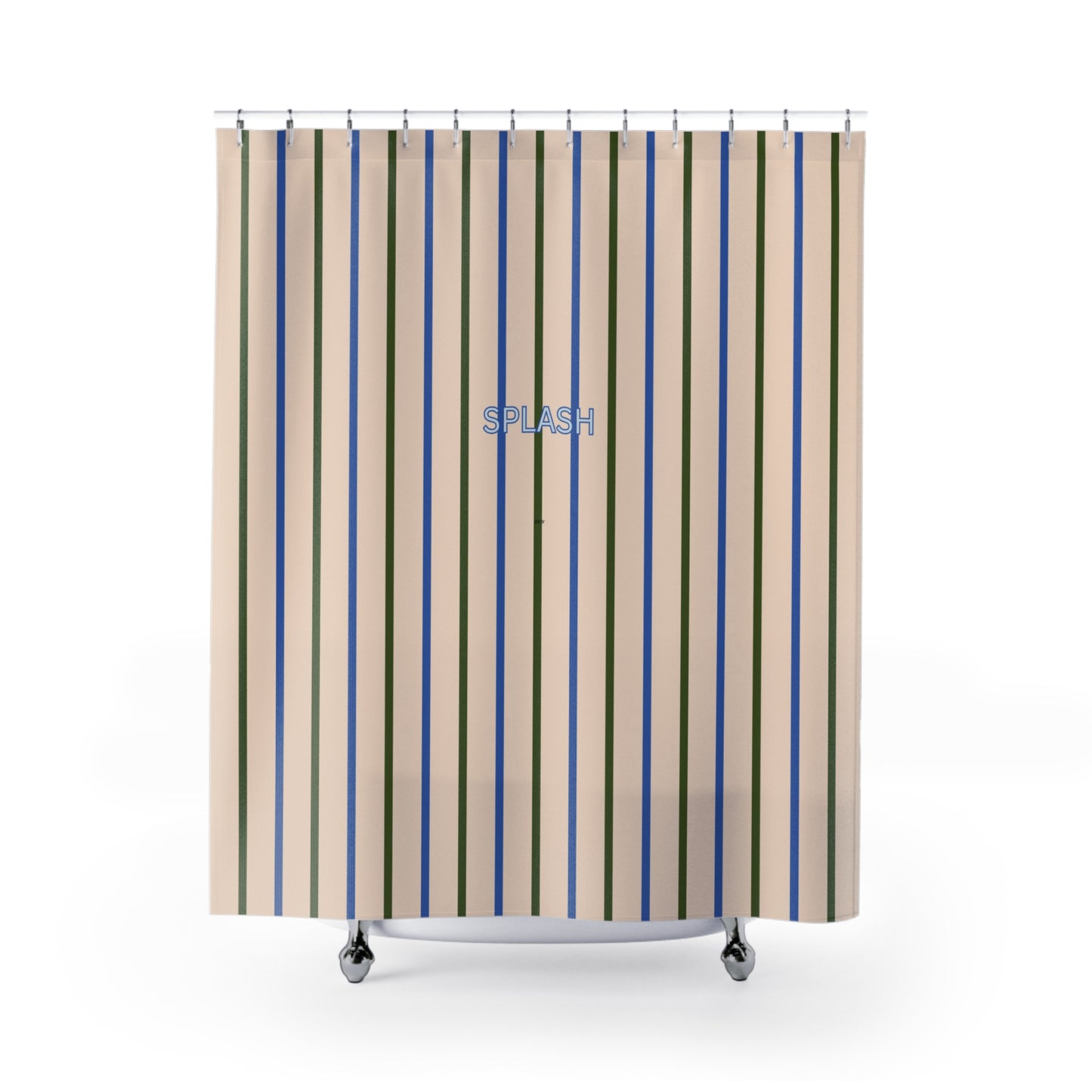 Striped shower curtain with blue and beige vertical stripes on a white background