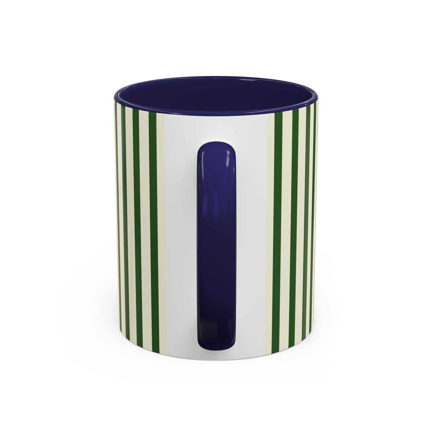 Cylindrical container with green stripes and a blue handle on a white background