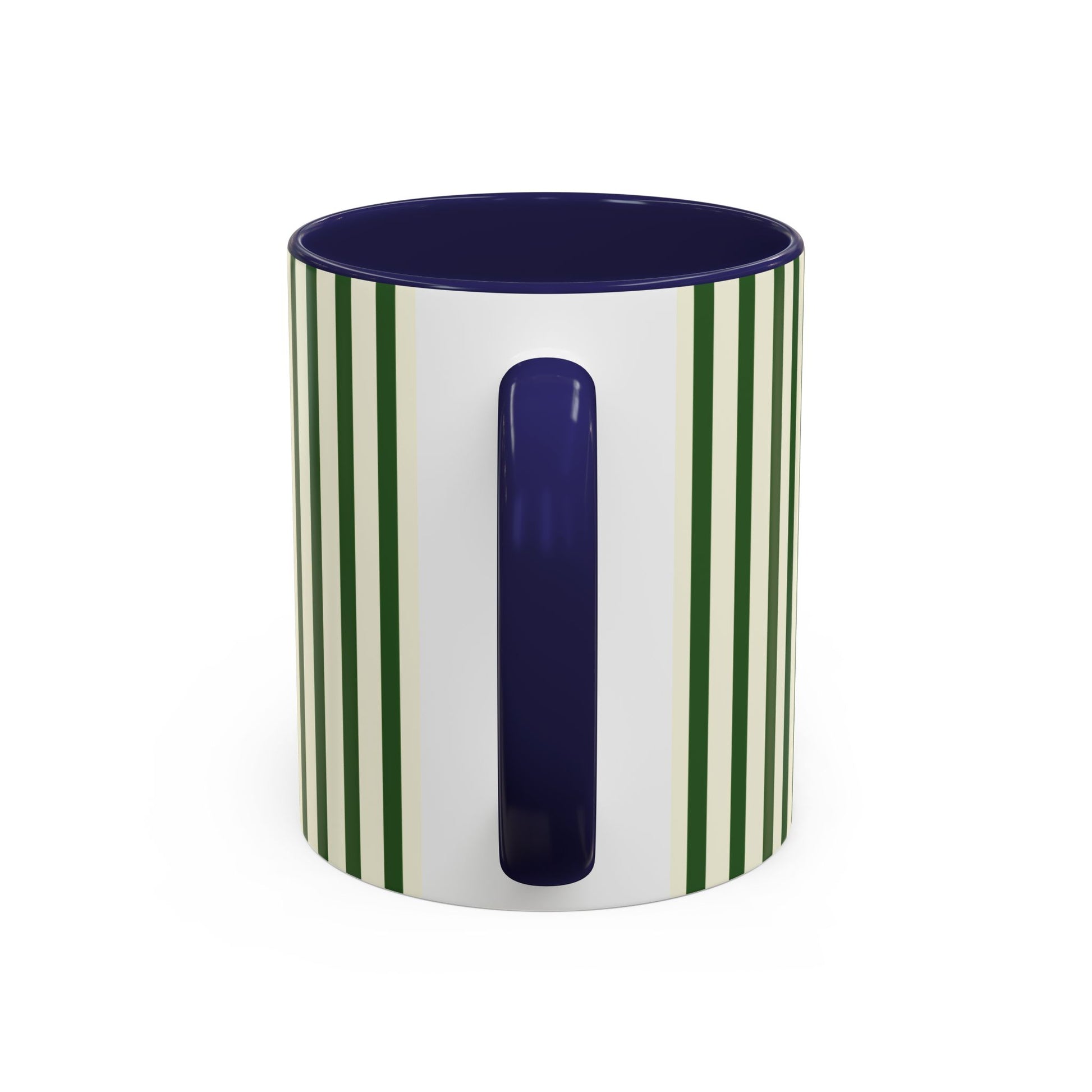 Cylindrical container with green stripes and a blue handle on a white background