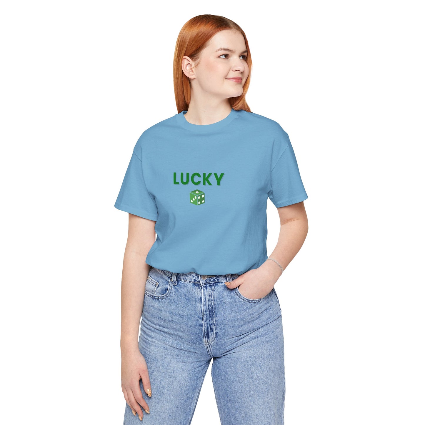 Person wearing a blue t-shirt with 'LUCKY' and a clover leaf design on a white background