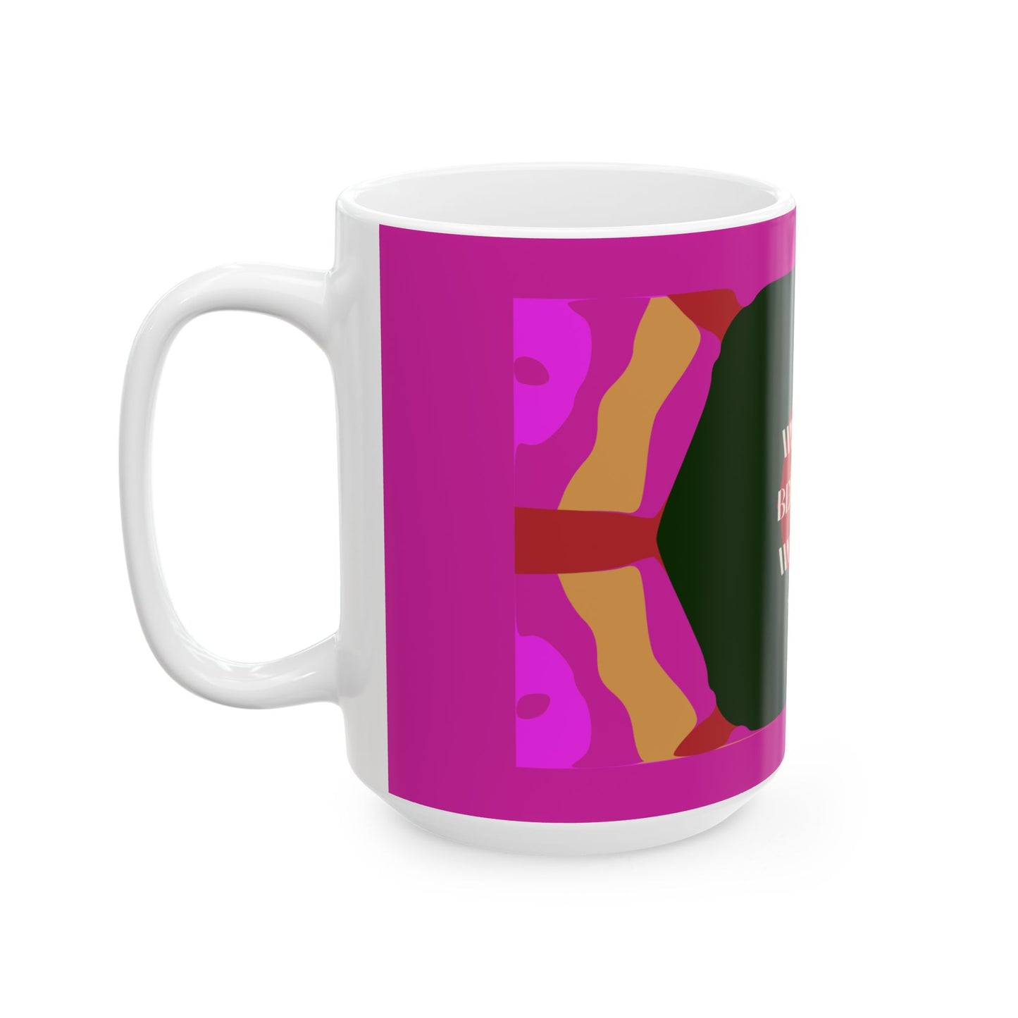 White mug with a colorful abstract design on a pink background