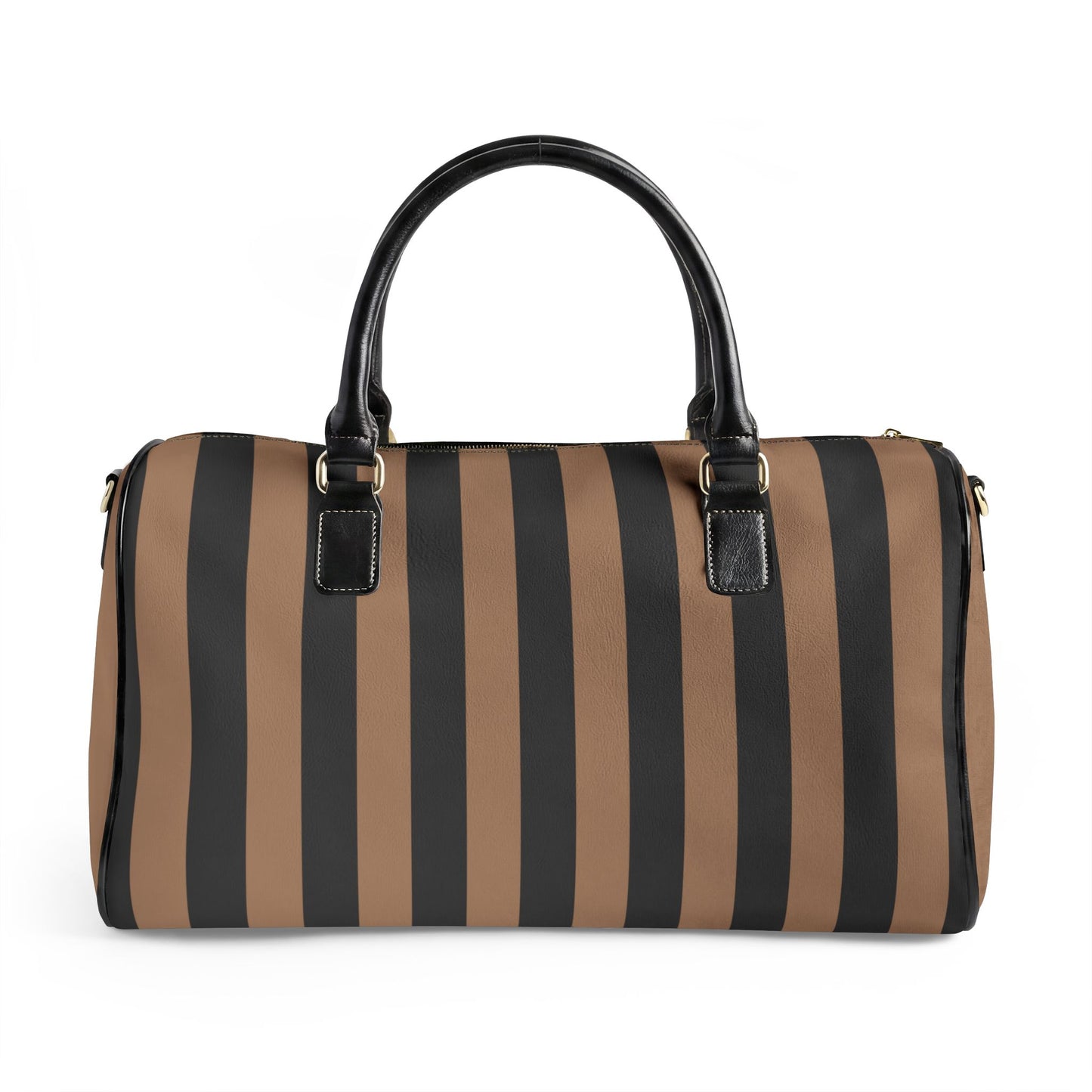 Striped duffel bag with black and brown stripes on a white background