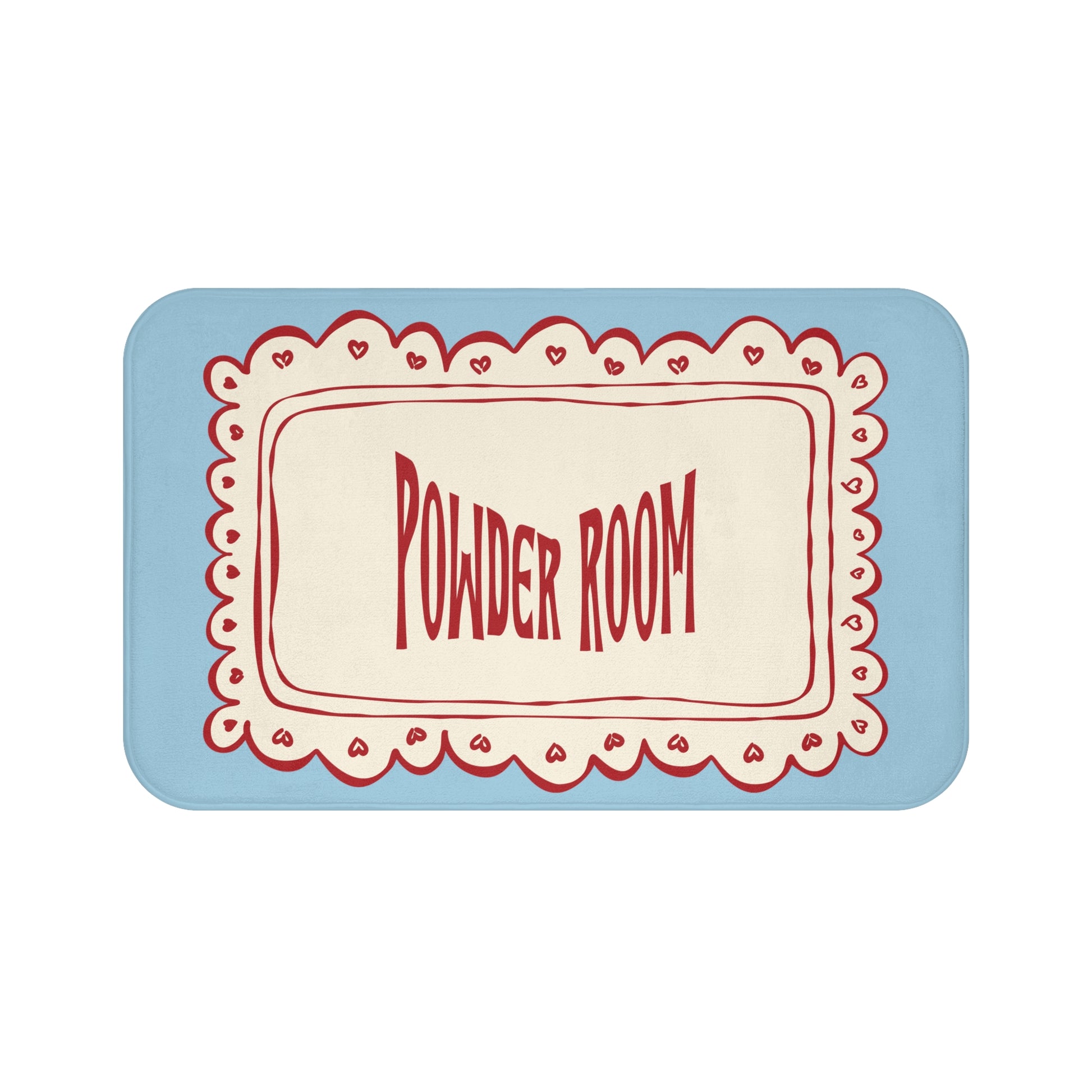 Decorative sign with 'Powder Room' text on a light blue background