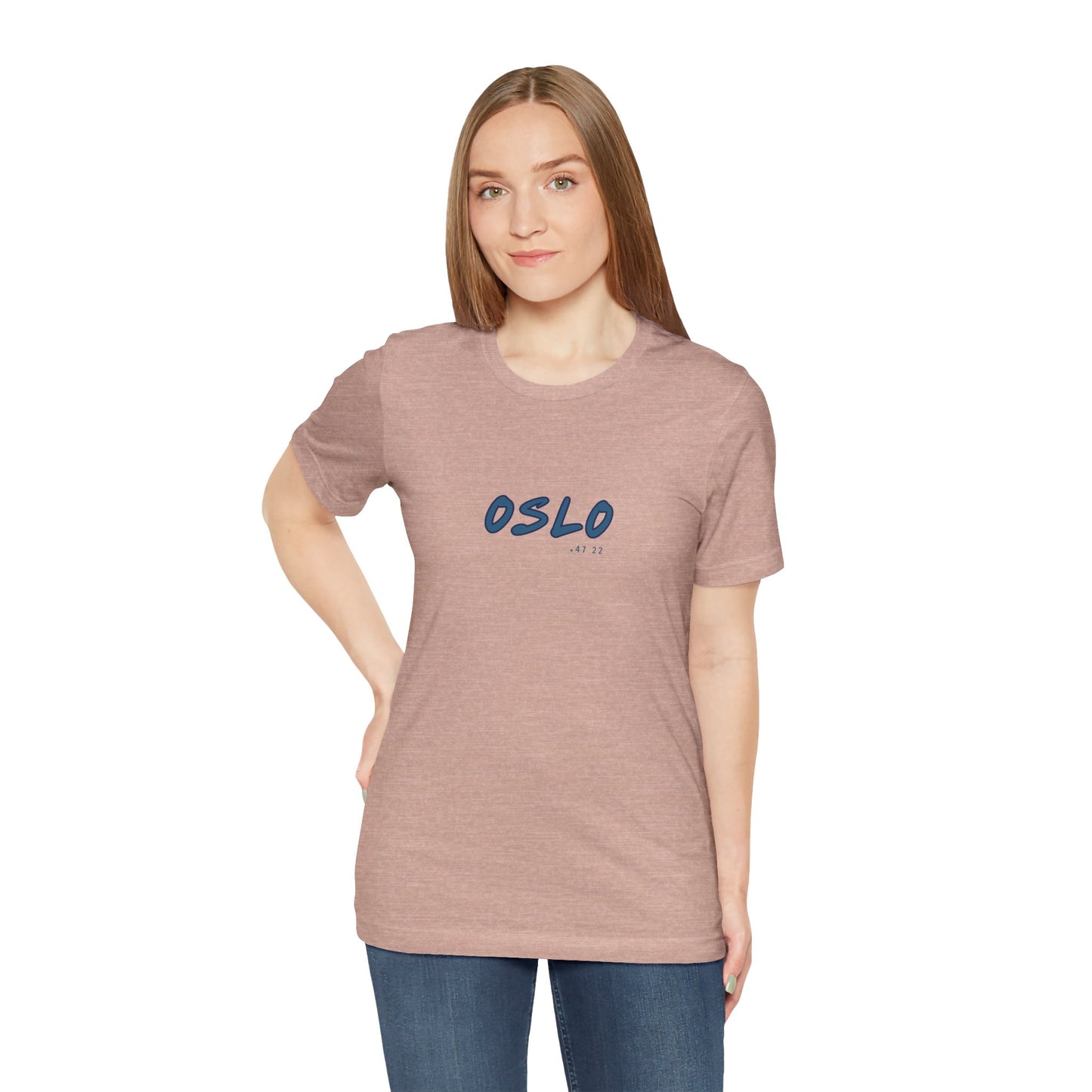Woman wearing a brown t-shirt with 'OSLO' printed on it against a white background