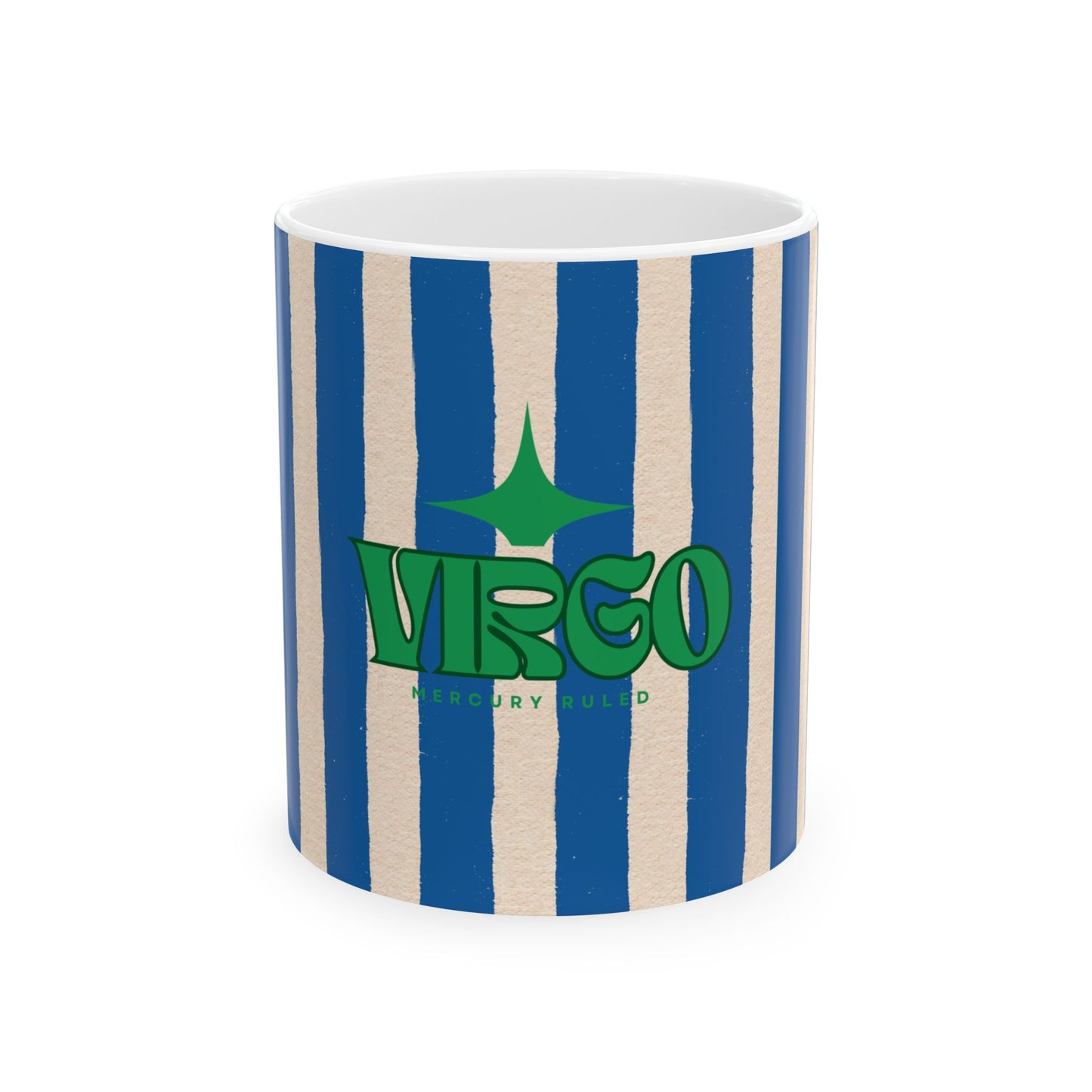 Mug with blue and beige striped pattern and 'Virgo' text on a white background