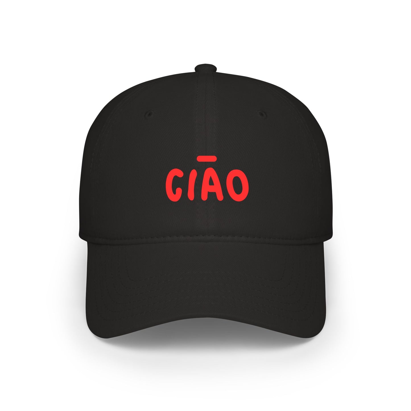 Black cap with red 'Ciao' text on a white background