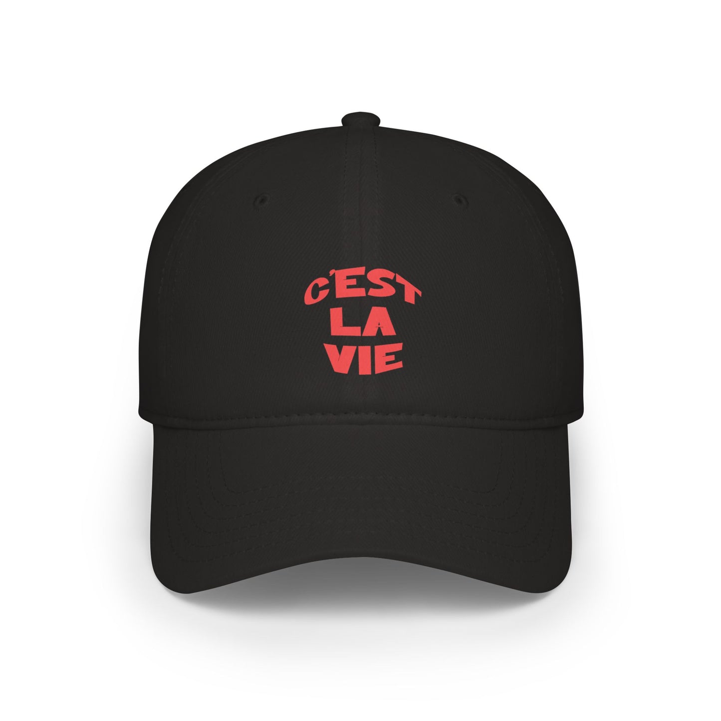 Black cap with red text 'Cést La Vie' on a white background