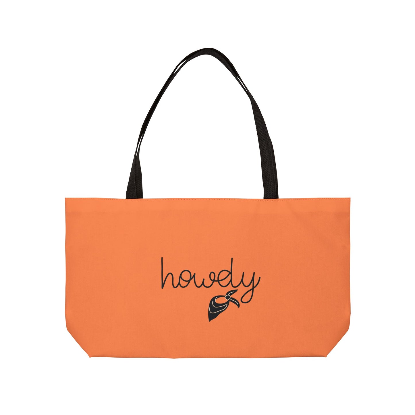 Orange tote bag with 'howdy' and a horse graphic on a white background