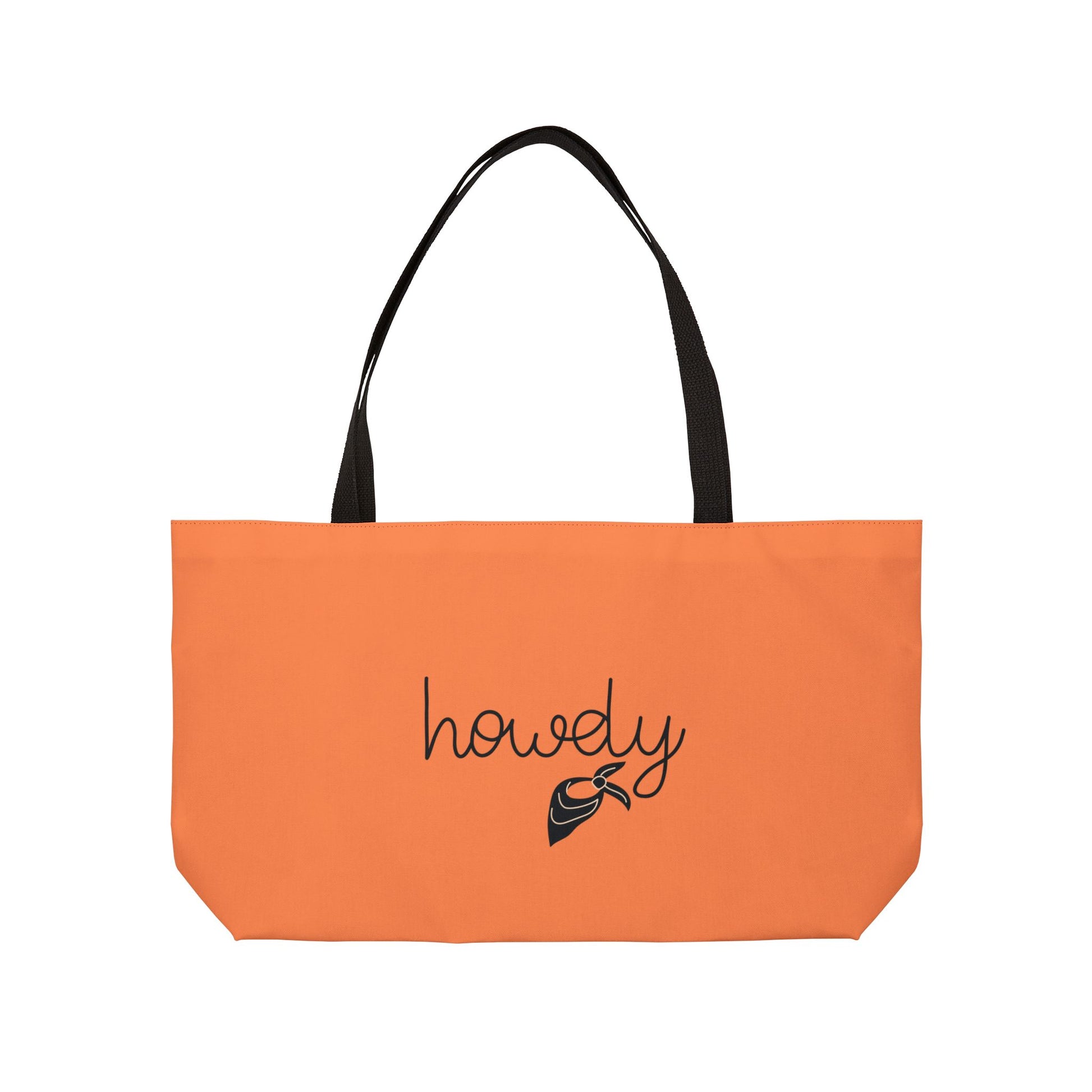 Orange tote bag with 'howdy' and a horse graphic on a white background
