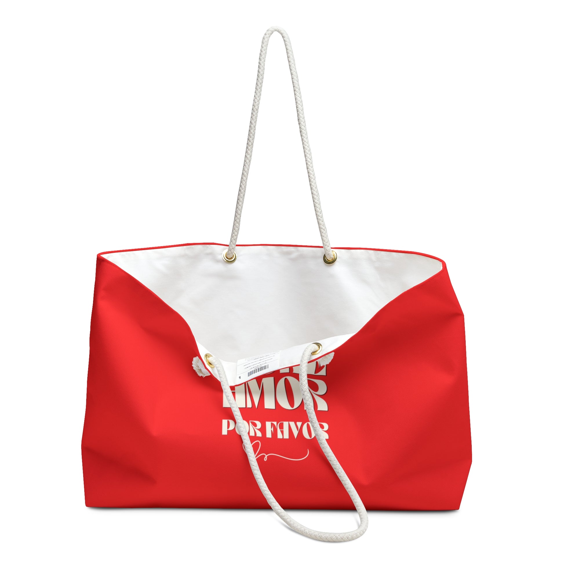 Red tote bag with white interior and handle on a white background