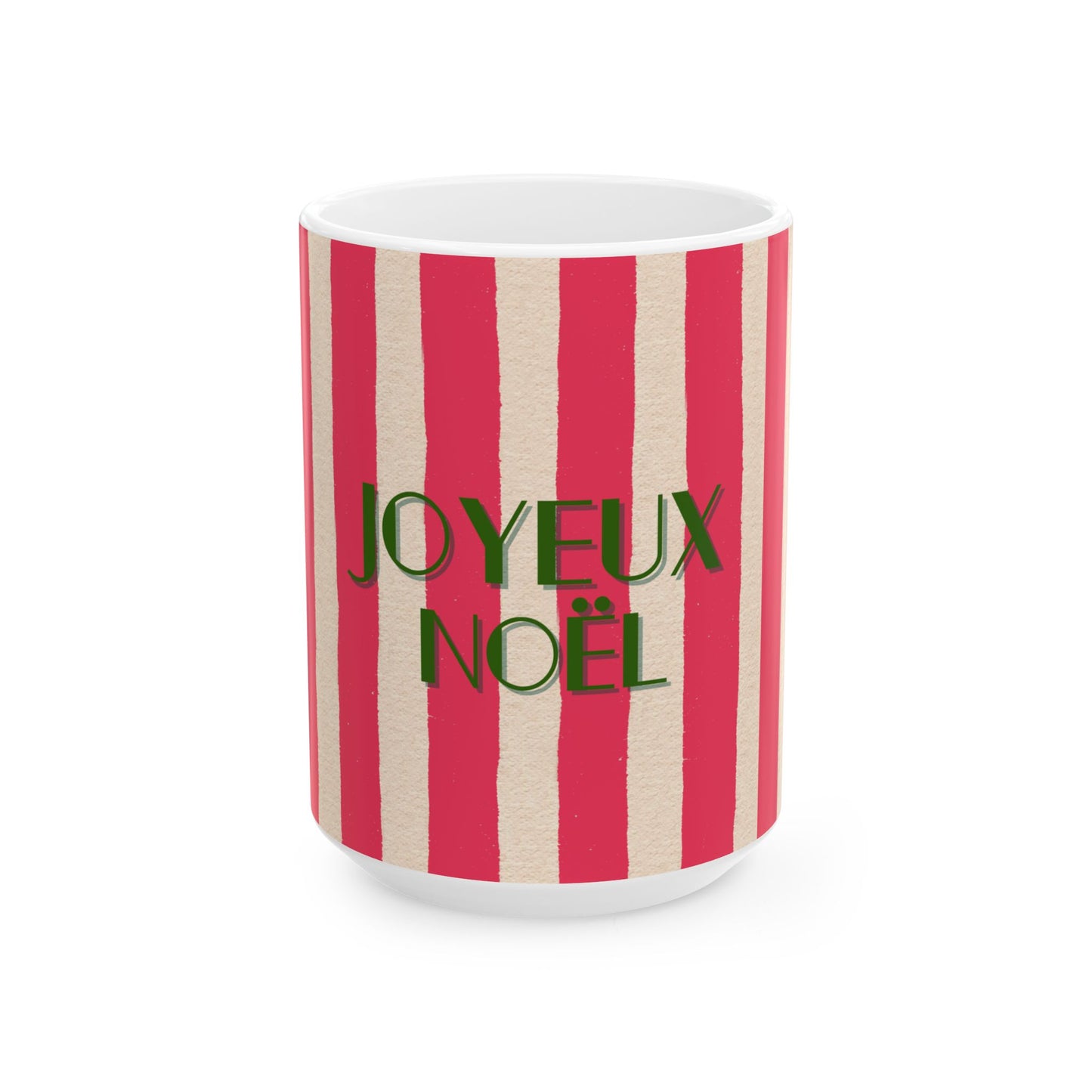 Mug with red and beige striped pattern and 'Joyeux Noel' text on a white background