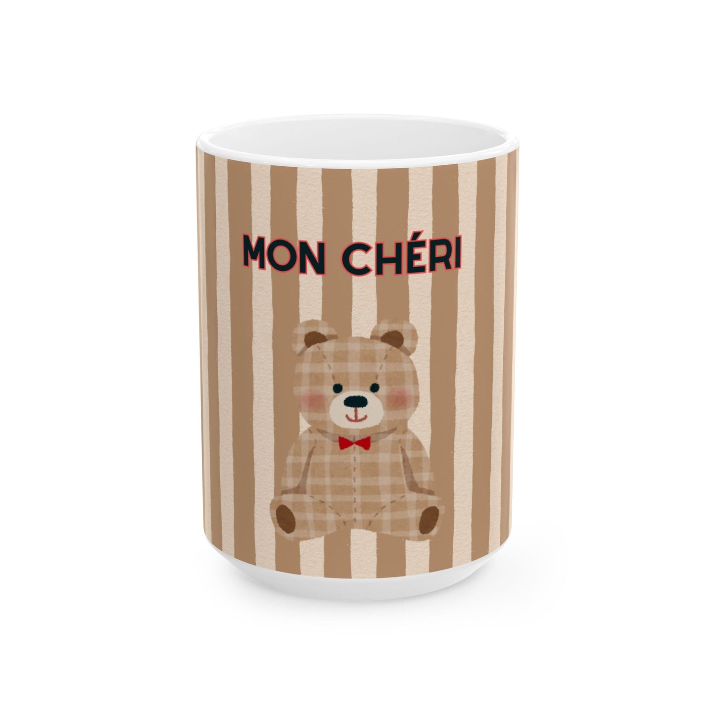Mug with teddy bear design and 'MON CHERI' text on a striped background
