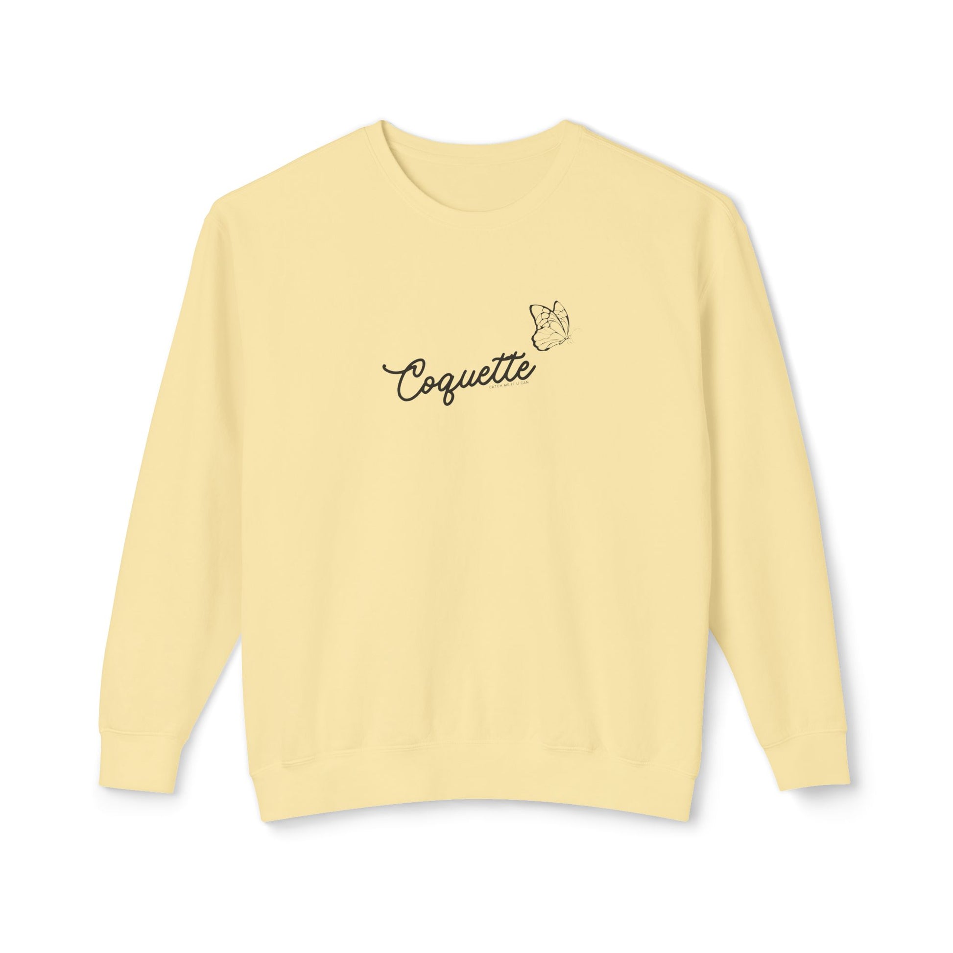 Light yellow sweatshirt with 'Coquette' text on a white background