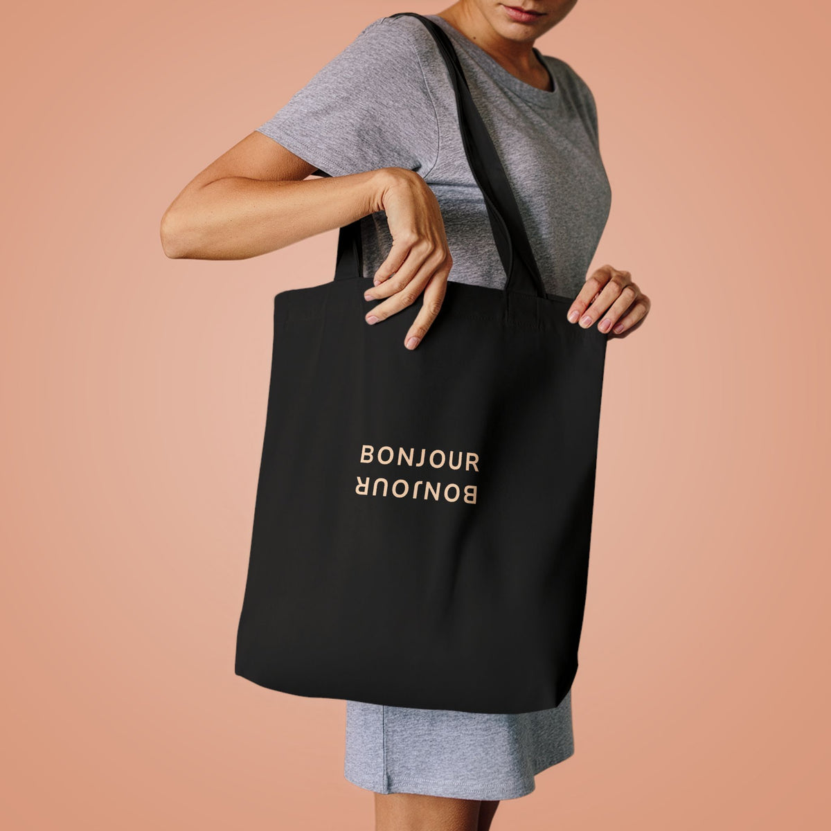 Bonjour Minimalist Cotton Tote Bag, Black