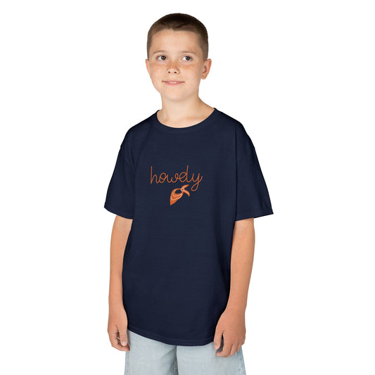 Child wearing a navy blue t-shirt with 'howdy' and a bow tie graphic on a white background