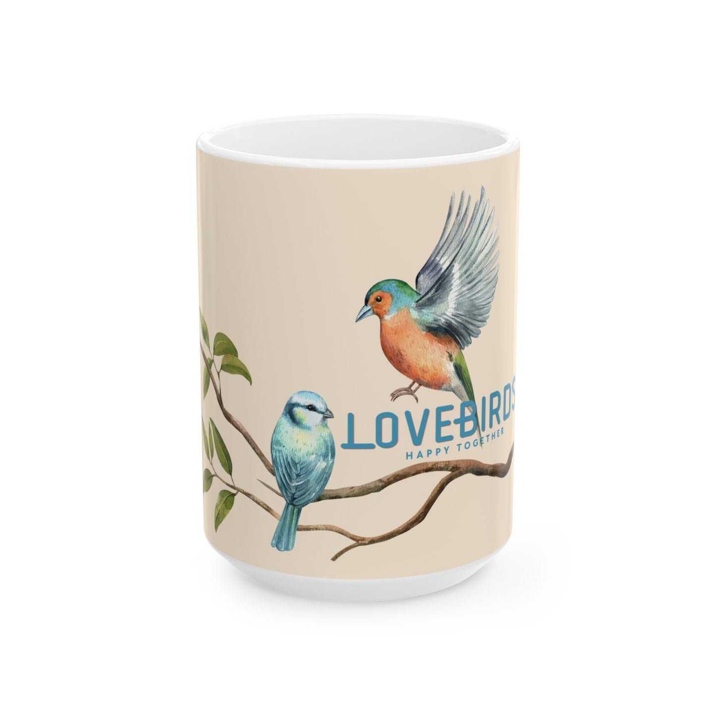 A white ceramic mug with a beige wrap-around print featuring two bluebirds on a branch and the text 'LOVEBIRDS HAPPY TOGETHER'.