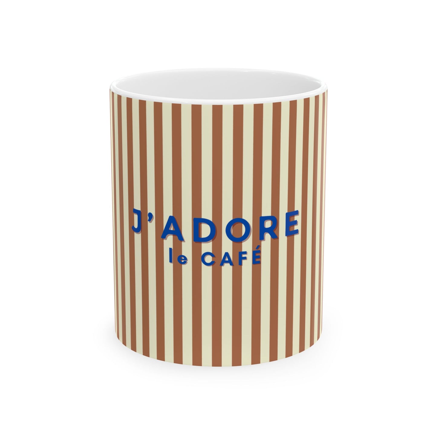 Striped mug with 'J'ADORE Le CAFE' text on a white background