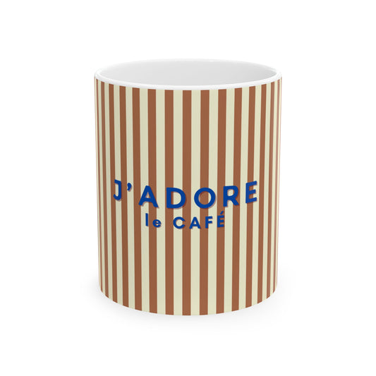 Striped mug with 'J'ADORE Le CAFE' text on a white background