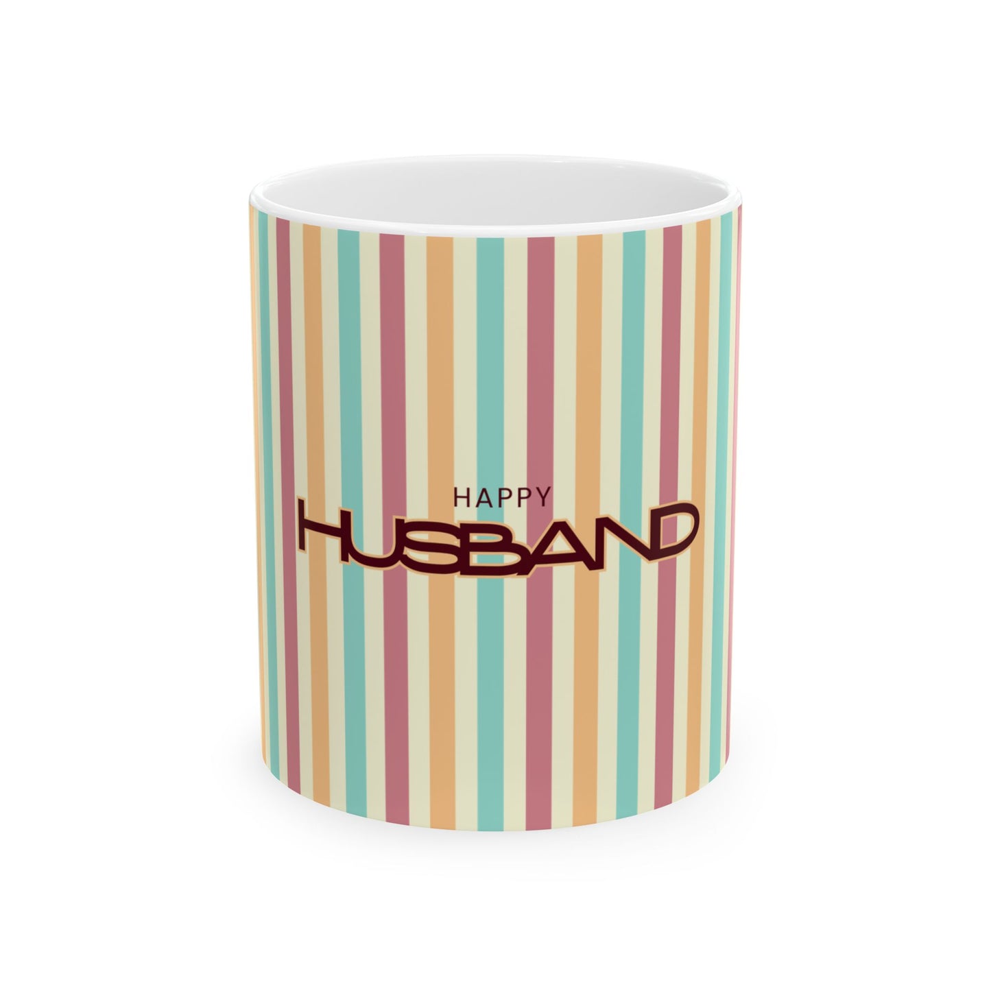 Mug with striped pattern and 'Happy Husband' text on a white background