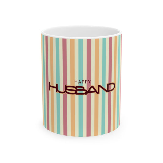 Mug with striped pattern and 'Happy Husband' text on a white background