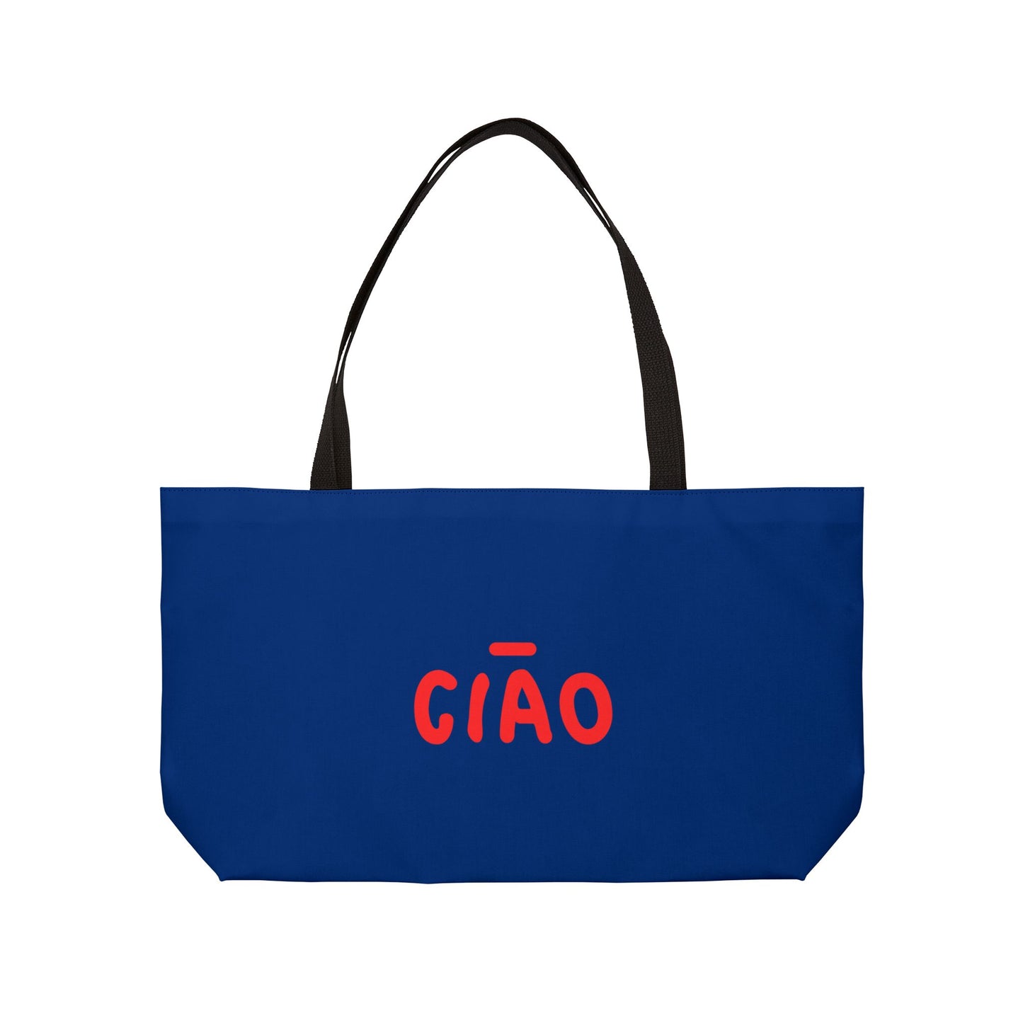 Blue tote bag with red 'CIAÓ' text on a white background