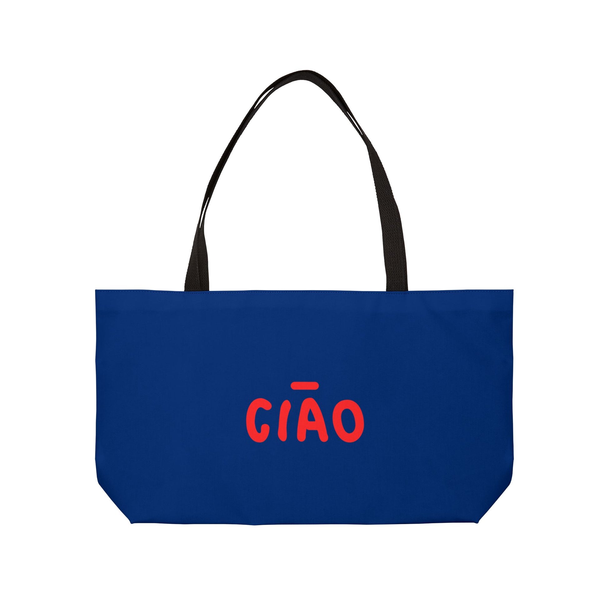 Blue tote bag with red 'CIAÓ' text on a white background