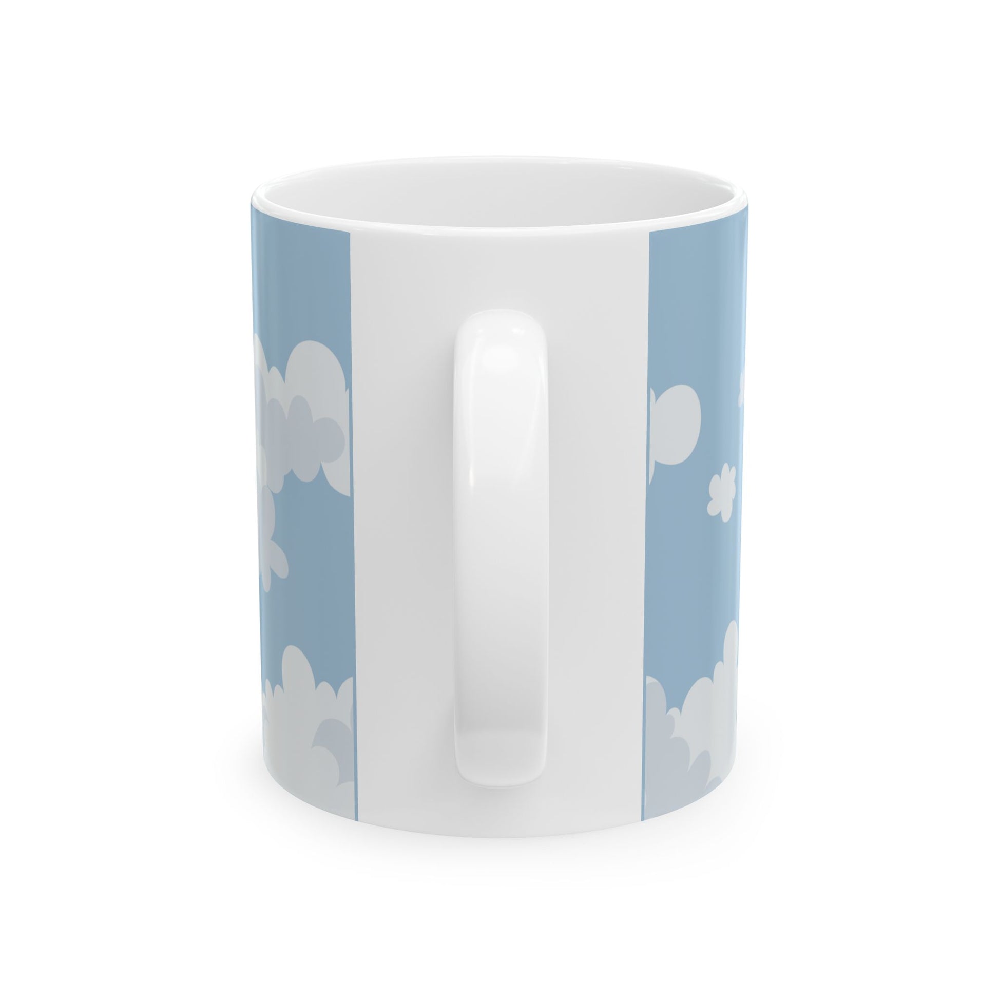 A white ceramic mug featuring a light blue and white cloud pattern printed on the sides, shown against a plain white background.