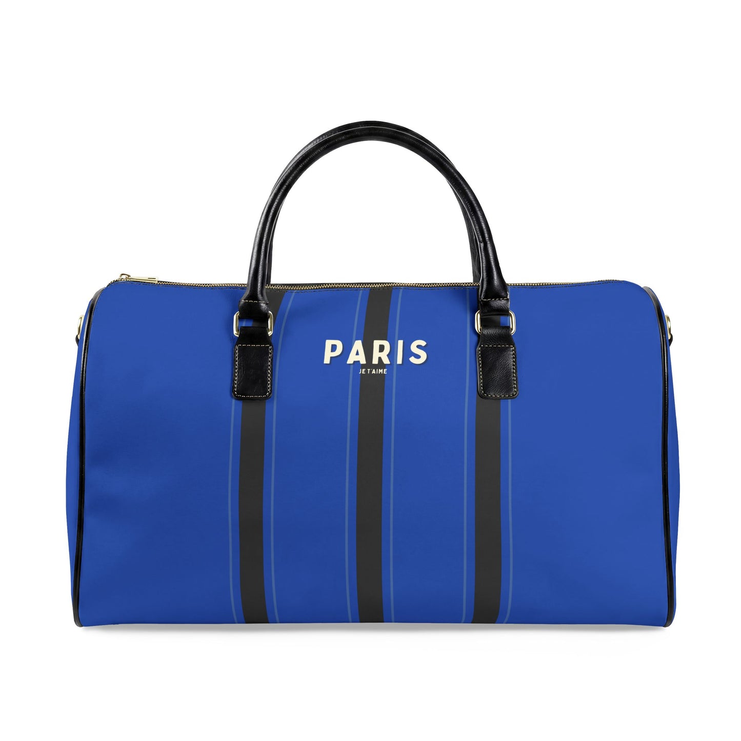 Blue duffel bag with black straps and 'PARIS' text on a white background
