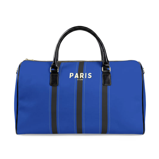Blue duffel bag with black straps and 'PARIS' text on a white background