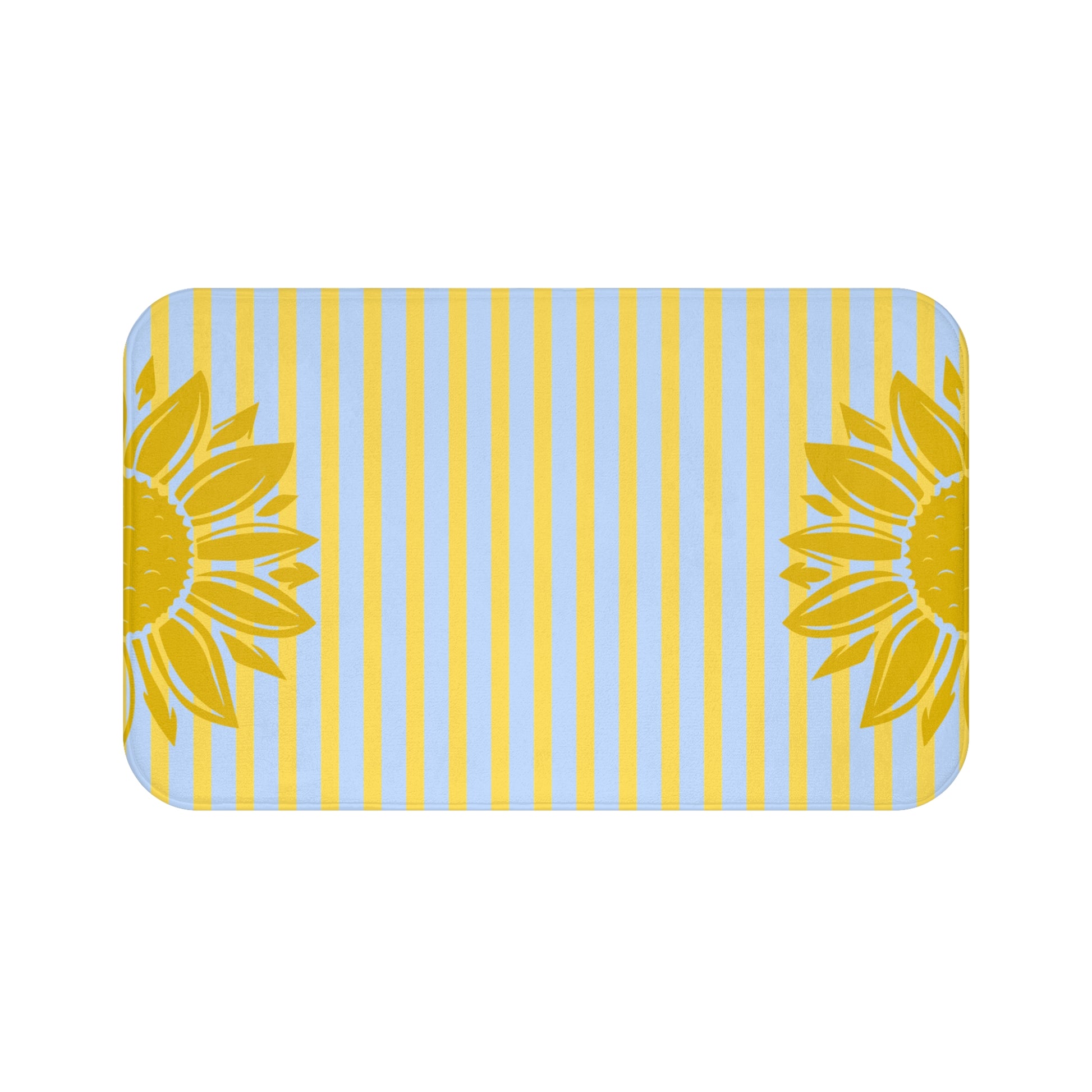 Rectangular mat with sunflower design on a blue and yellow striped background