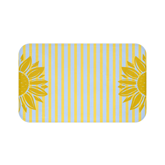 Rectangular mat with sunflower design on a blue and yellow striped background